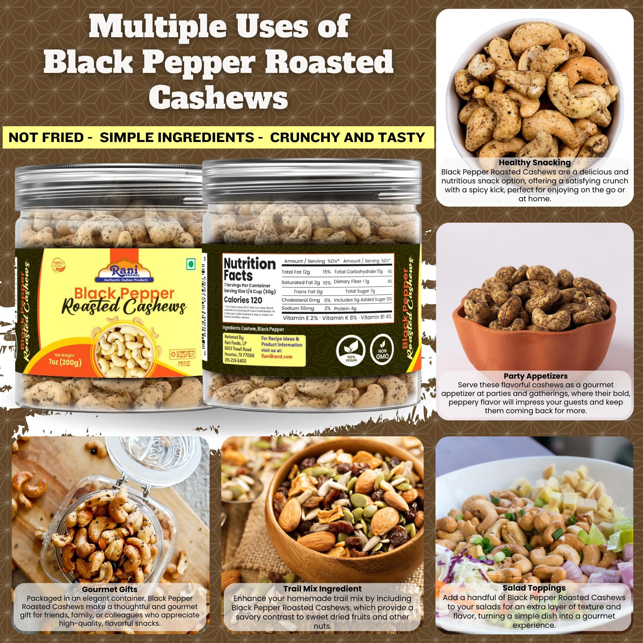 Rani Black Pepper Roasted Cashews 7oz (200g) PET Jar, Non-Fried, Oil Free ~ All Natural, Vegan, Gluten Friendly, NON-GMO, Kosher, Air Roasted, Crunchy & Flavorful