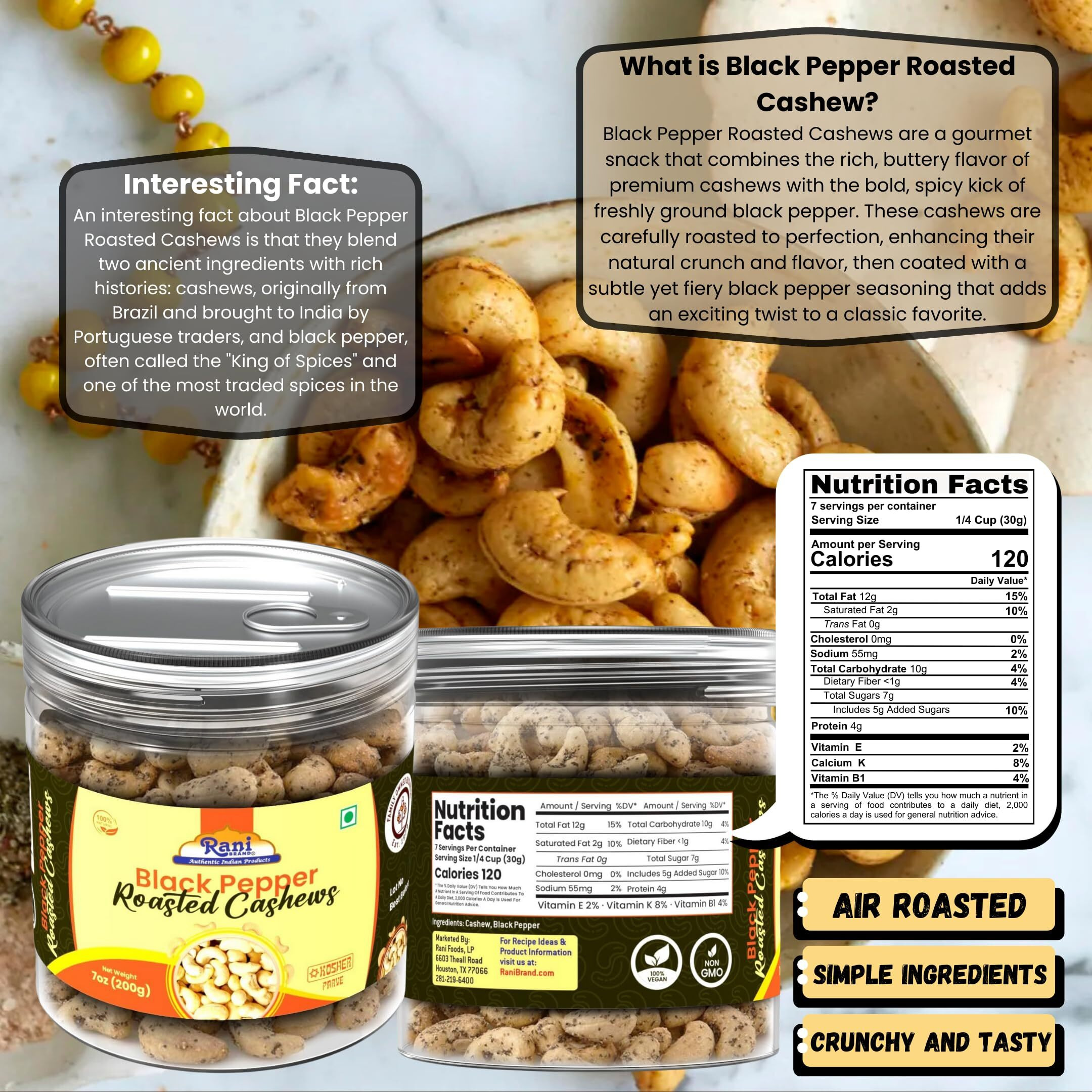 Rani Black Pepper Roasted Cashews 7oz (200g) PET Jar, Non-Fried, Oil Free ~ All Natural, Vegan, Gluten Friendly, NON-GMO, Kosher, Air Roasted, Crunchy & Flavorful