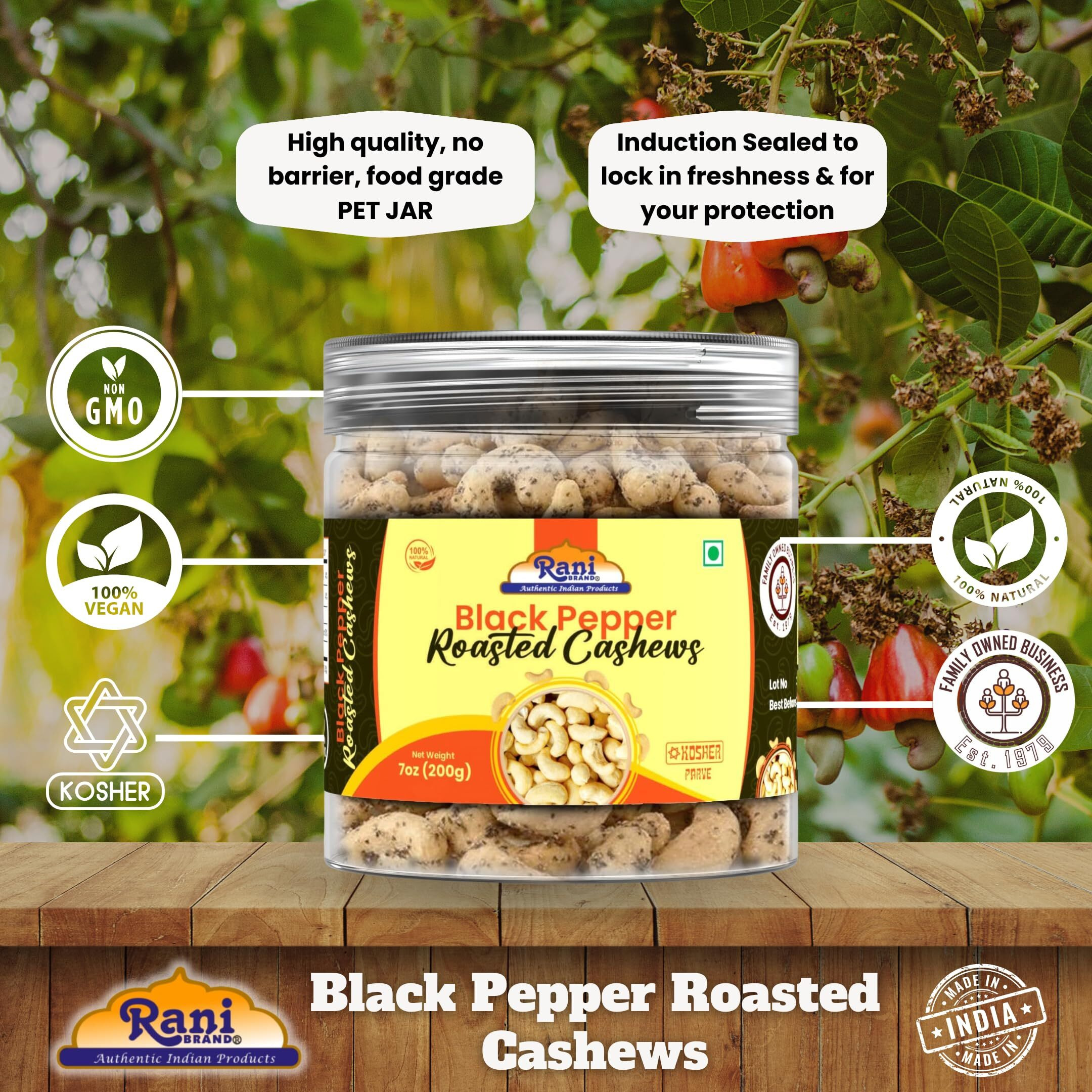 Rani Black Pepper Roasted Cashews 7oz (200g) PET Jar, Non-Fried, Oil Free ~ All Natural, Vegan, Gluten Friendly, NON-GMO, Kosher, Air Roasted, Crunchy & Flavorful