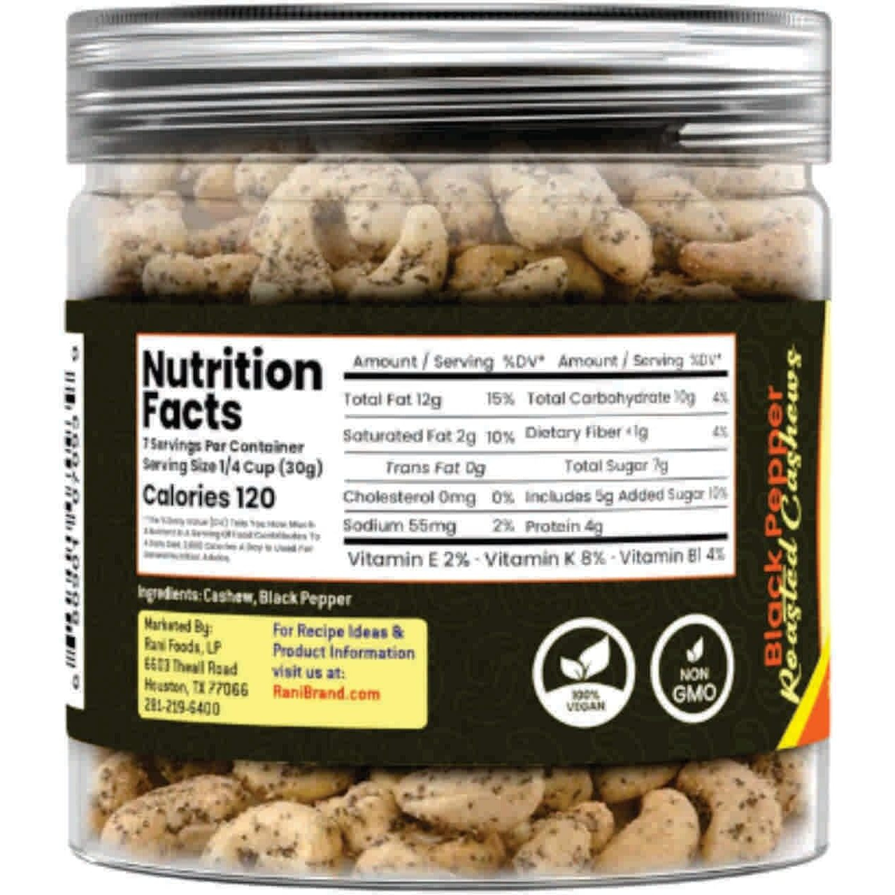 Rani Black Pepper Roasted Cashews 7oz (200g) PET Jar, Non-Fried, Oil Free ~ All Natural, Vegan, Gluten Friendly, NON-GMO, Kosher, Air Roasted, Crunchy & Flavorful