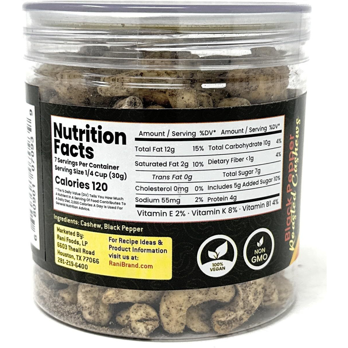 Rani Black Pepper Roasted Cashews 7oz (200g) PET Jar, Pack of 6, Non-Fried, Oil Free ~ All Natural, Vegan, Gluten Friendly, NON-GMO, Kosher, Air Roasted, Crunchy & Flavorful