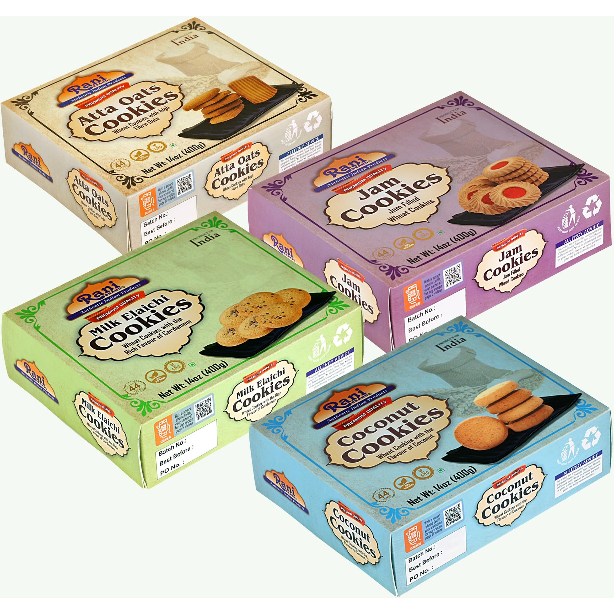 Rani Cookies Variety Pack of 4 (Atta Oats, Jam, Milk Elaichi, Coconut) 14oz (400g) each, Premium Quality Indian Cookies ~ Vegan, Non-GMO, Indian Origin