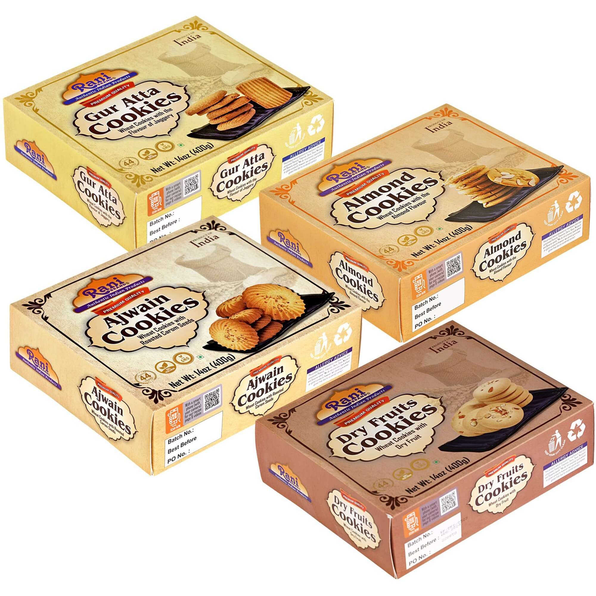 Rani Cookies Variety Pack of 4 (Gur Atta, Almond, Ajwain, Dry Fruits) 14oz (400g) each, Premium Quality Indian Cookies ~ Vegan, Non-GMO, Indian Origin