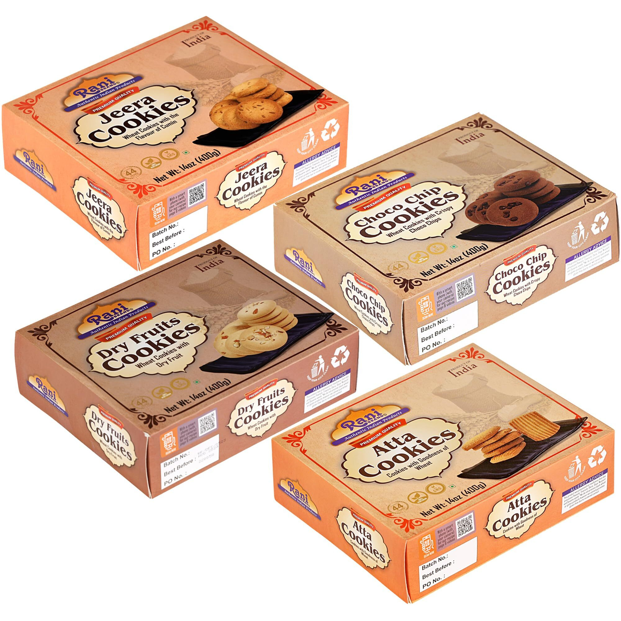 Rani Cookies Variety Pack of 4 (Jeera, Choco Chip, Dry Fruits, Atta) 14oz (400g) each, Premium Quality Indian Cookies ~ Vegan, Non-GMO, Indian Origin
