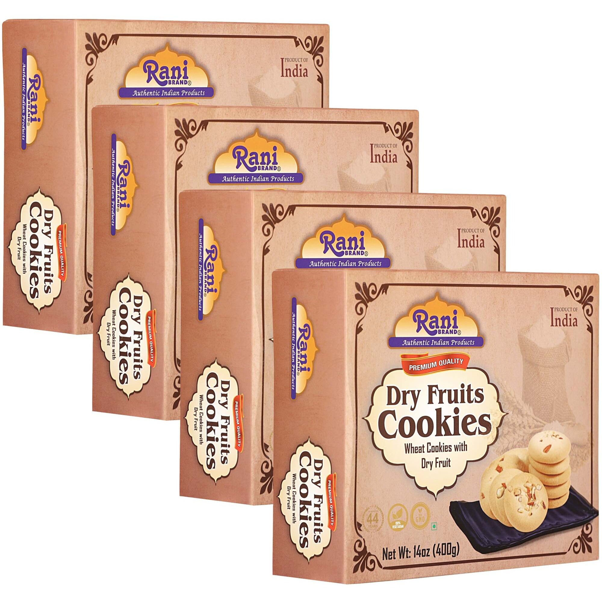 Rani Dry Fruits Cookies (Wheat Cookies with Dry Fruits) 14oz (400g) Pack of 3+1 FREE, Premium Quality Indian Cookies ~ All Natural, Vegan, Non-GMO, Indian Origin