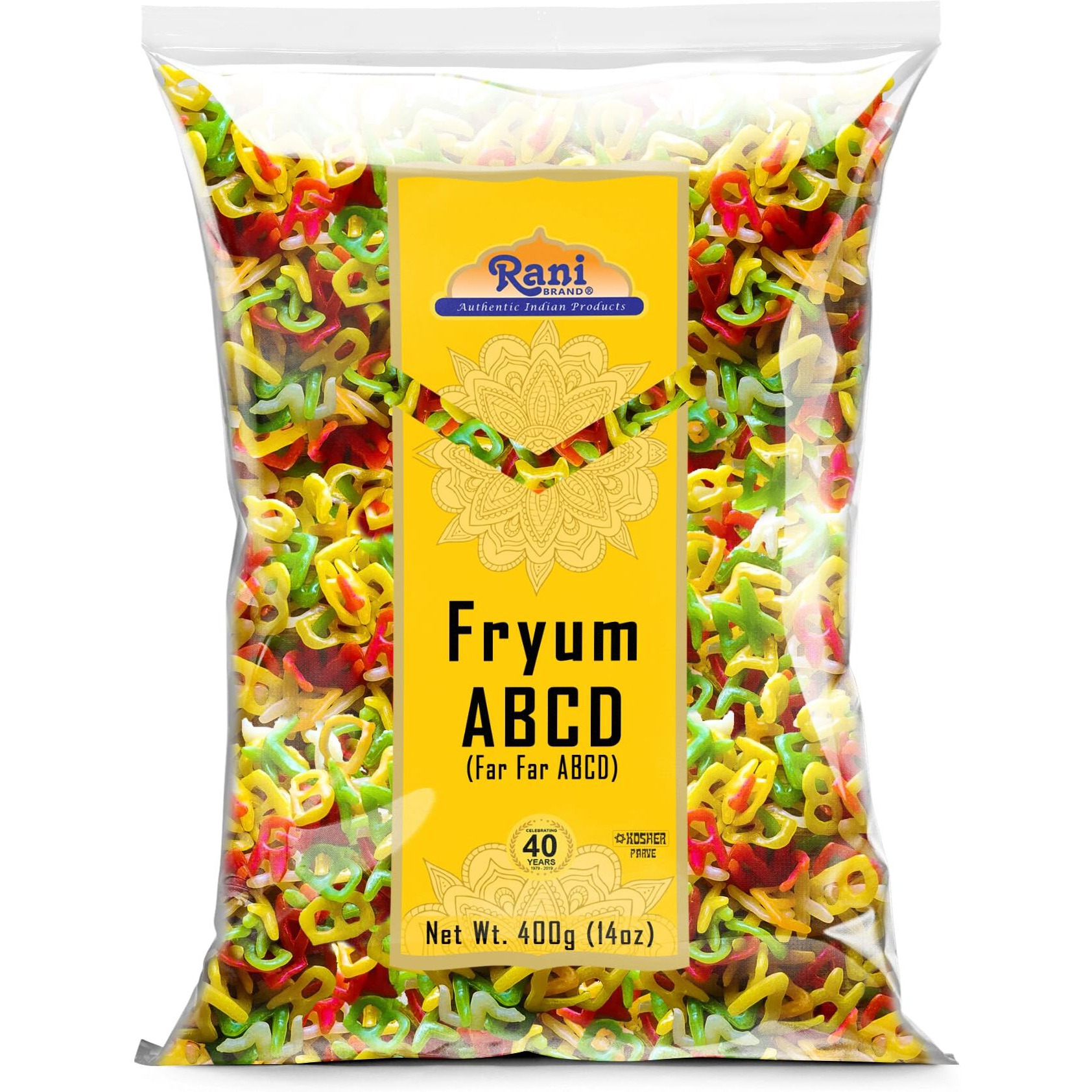 Rani Far Far / Fryums (Wheat & Tapioca Pellet) ABCD Shape 14oz (400g) ~ Vegan, Kosher, Uncooked, Used to Make Papad, Bhungra / Chip Snack