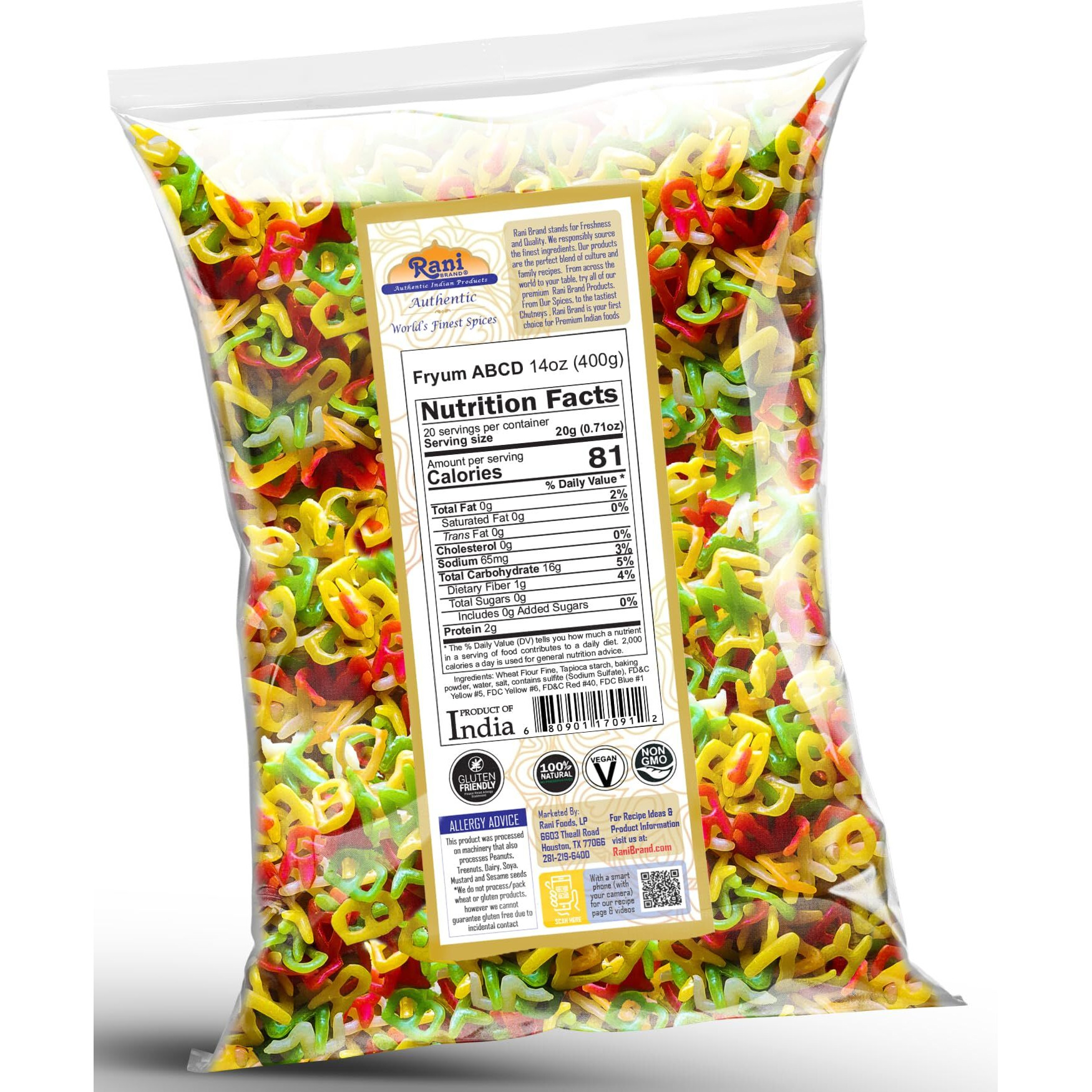 Rani Far Far / Fryums (Wheat & Tapioca Pellet) ABCD Shape 14oz (400g) ~ Vegan, Kosher, Uncooked, Used to Make Papad, Bhungra / Chip Snack
