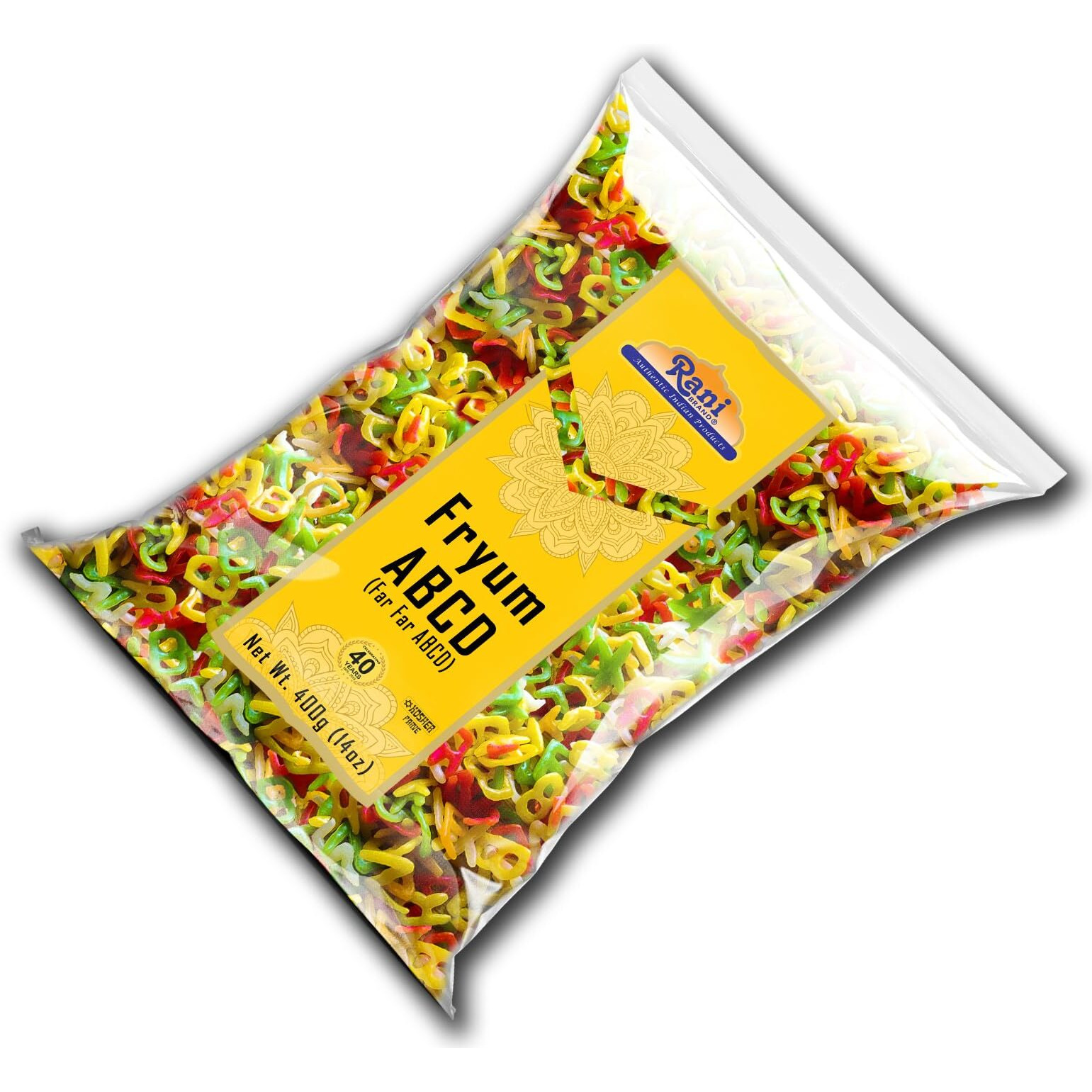 Rani Far Far / Fryums (Wheat & Tapioca Pellet) ABCD Shape 14oz (400g) ~ Vegan, Kosher, Uncooked, Used to Make Papad, Bhungra / Chip Snack