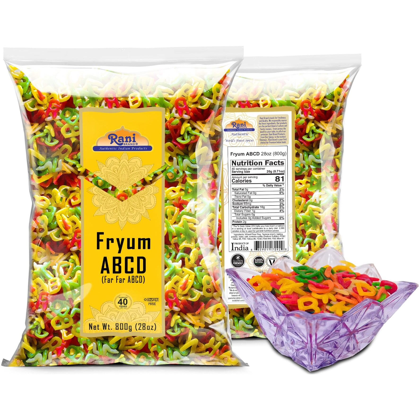 Rani Far Far / Fryums (Wheat & Tapioca Pellet) ABCD Shape 28oz (800g) ~ Vegan, Kosher, Uncooked, Used to Make Papad, Bhungra / Chip Snack
