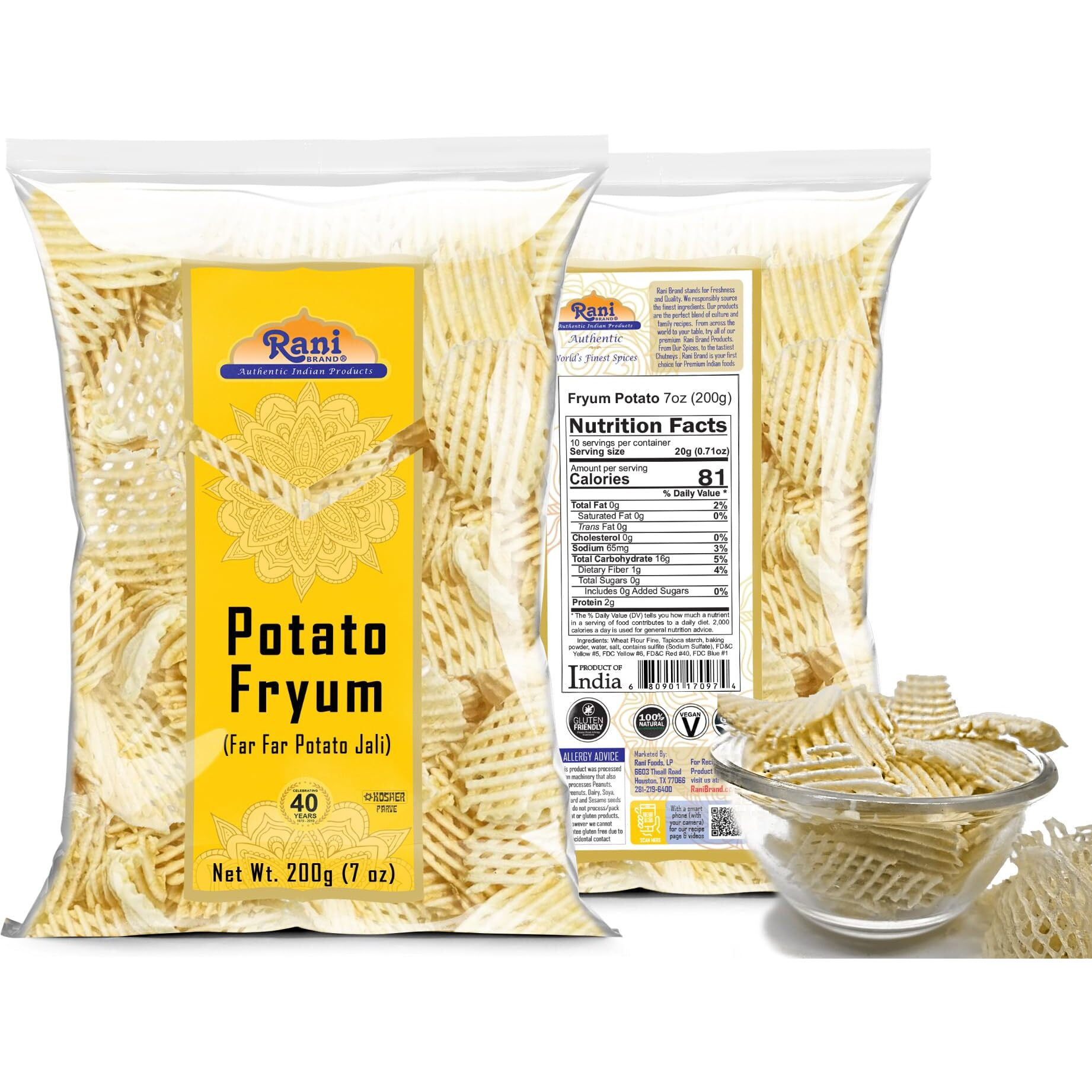 Rani Far Far / Fryums (Wheat & Tapioca Pellet) Potato Jhali 7oz (200g) ~ Vegan, Kosher, Uncooked, Used to Make Papad, Bhungra / Chip Snack