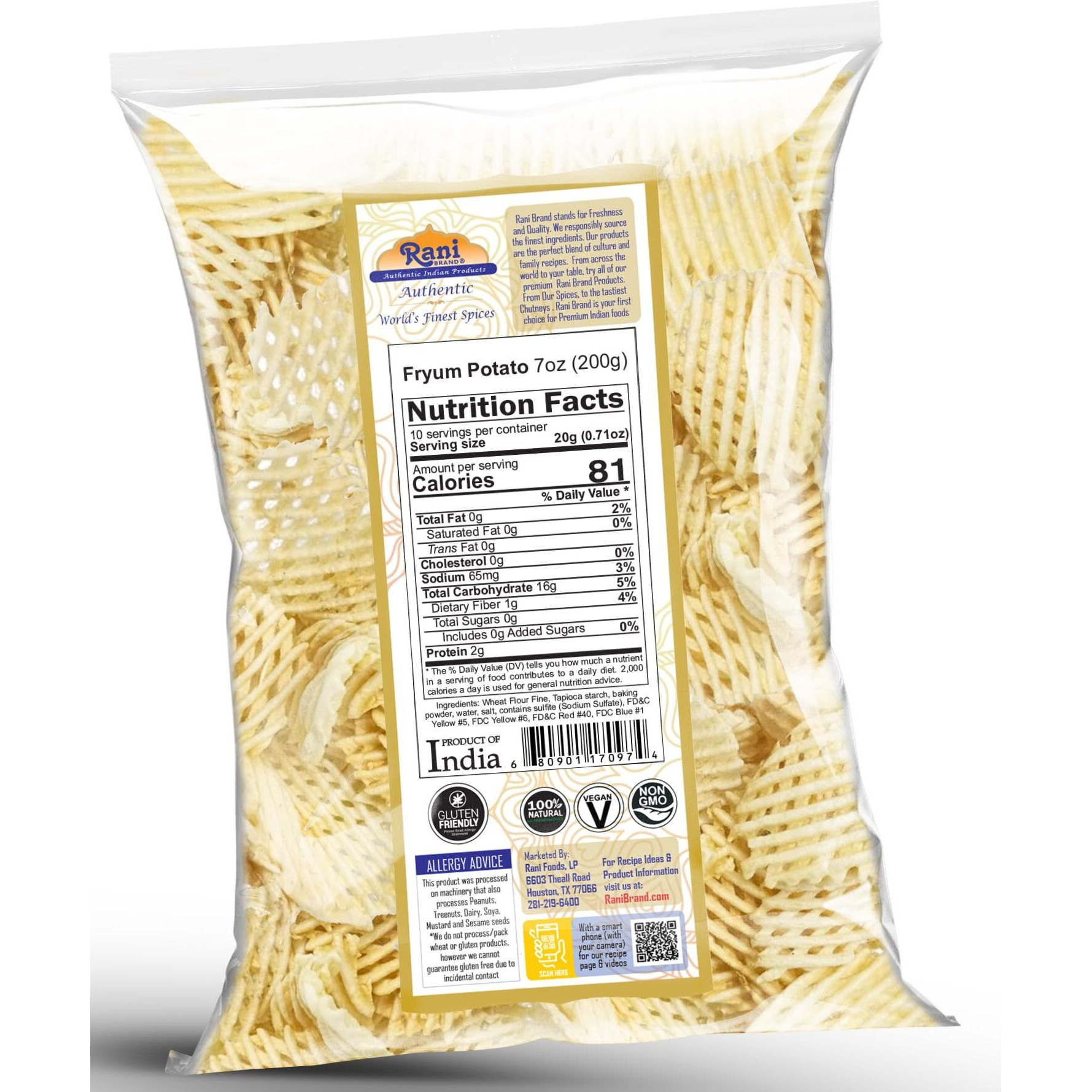 Rani Far Far / Fryums (Wheat & Tapioca Pellet) Potato Jhali 7oz (200g) ~ Vegan, Kosher, Uncooked, Used to Make Papad, Bhungra / Chip Snack