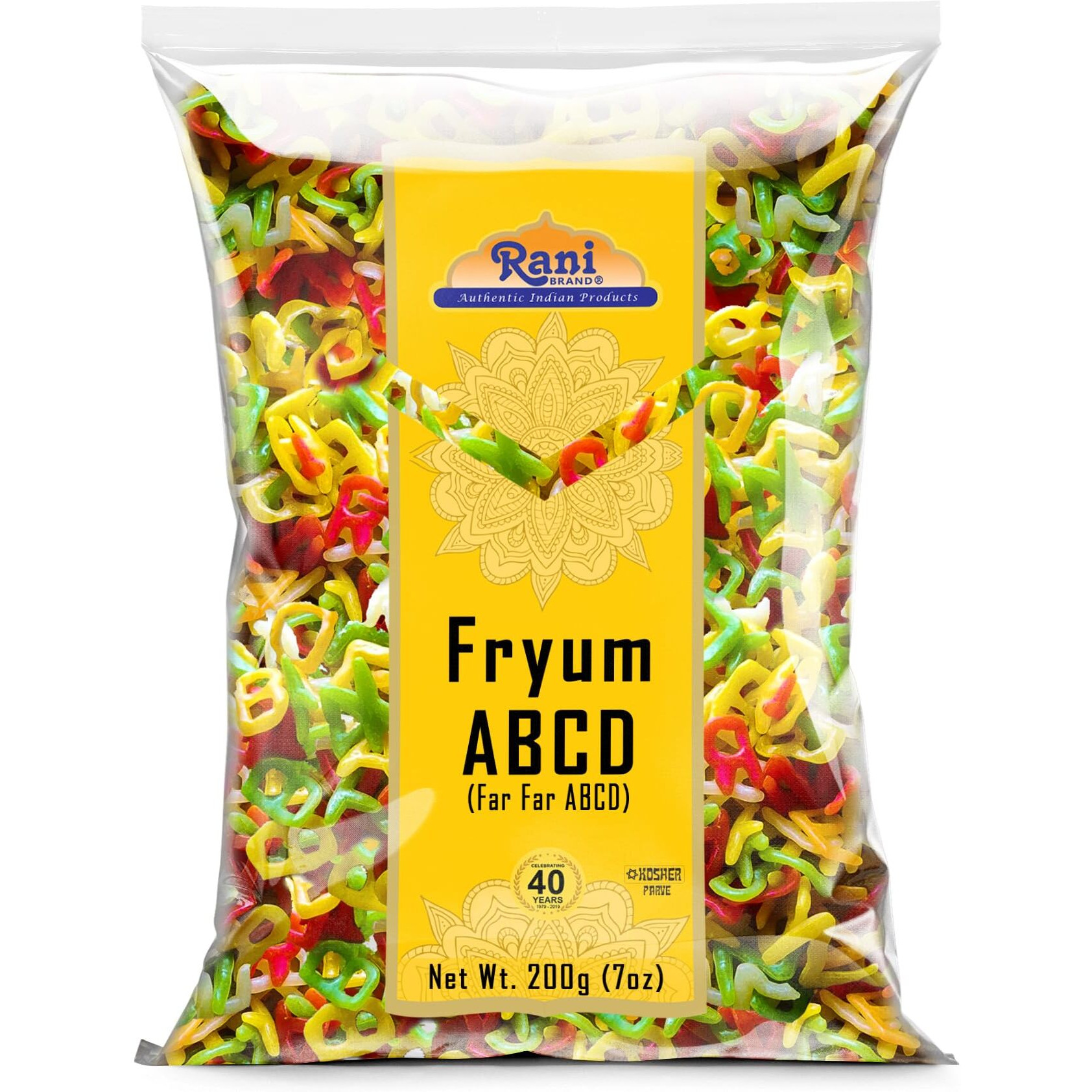 Rani Far Far/Fryums (Wheat & Tapioca Pellet) ABCD Shape 7oz (200g) ~ Vegan, Kosher, Uncooked, Used to Make Papad, Bhungra/Chip Snack