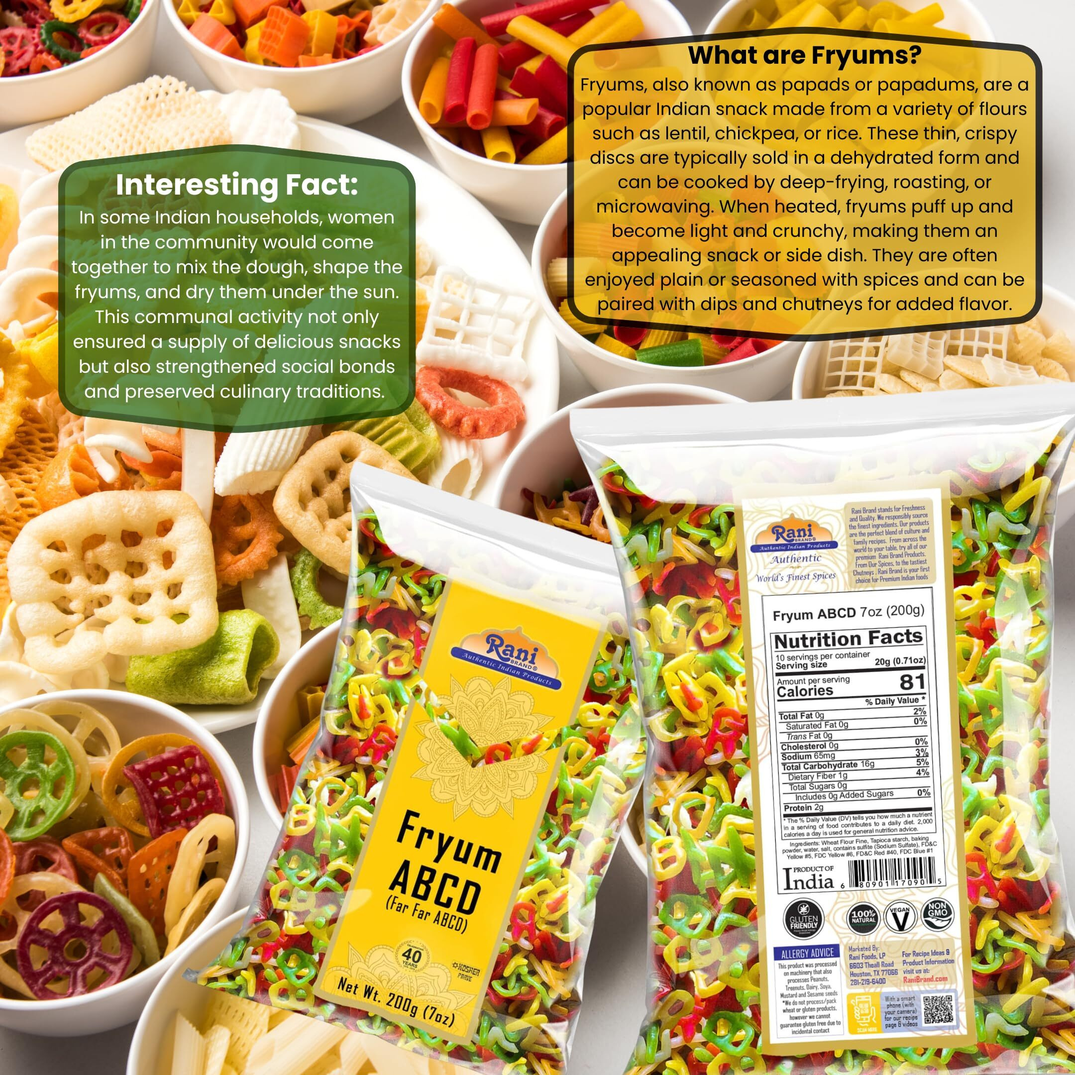 Rani Far Far/Fryums (Wheat & Tapioca Pellet) ABCD Shape 7oz (200g) ~ Vegan, Kosher, Uncooked, Used to Make Papad, Bhungra/Chip Snack