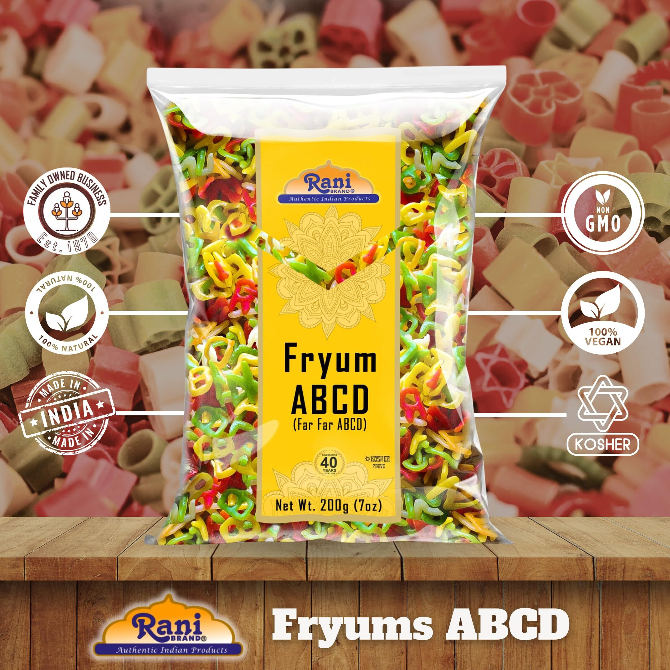 Rani Far Far/Fryums (Wheat & Tapioca Pellet) ABCD Shape 7oz (200g) ~ Vegan, Kosher, Uncooked, Used to Make Papad, Bhungra/Chip Snack