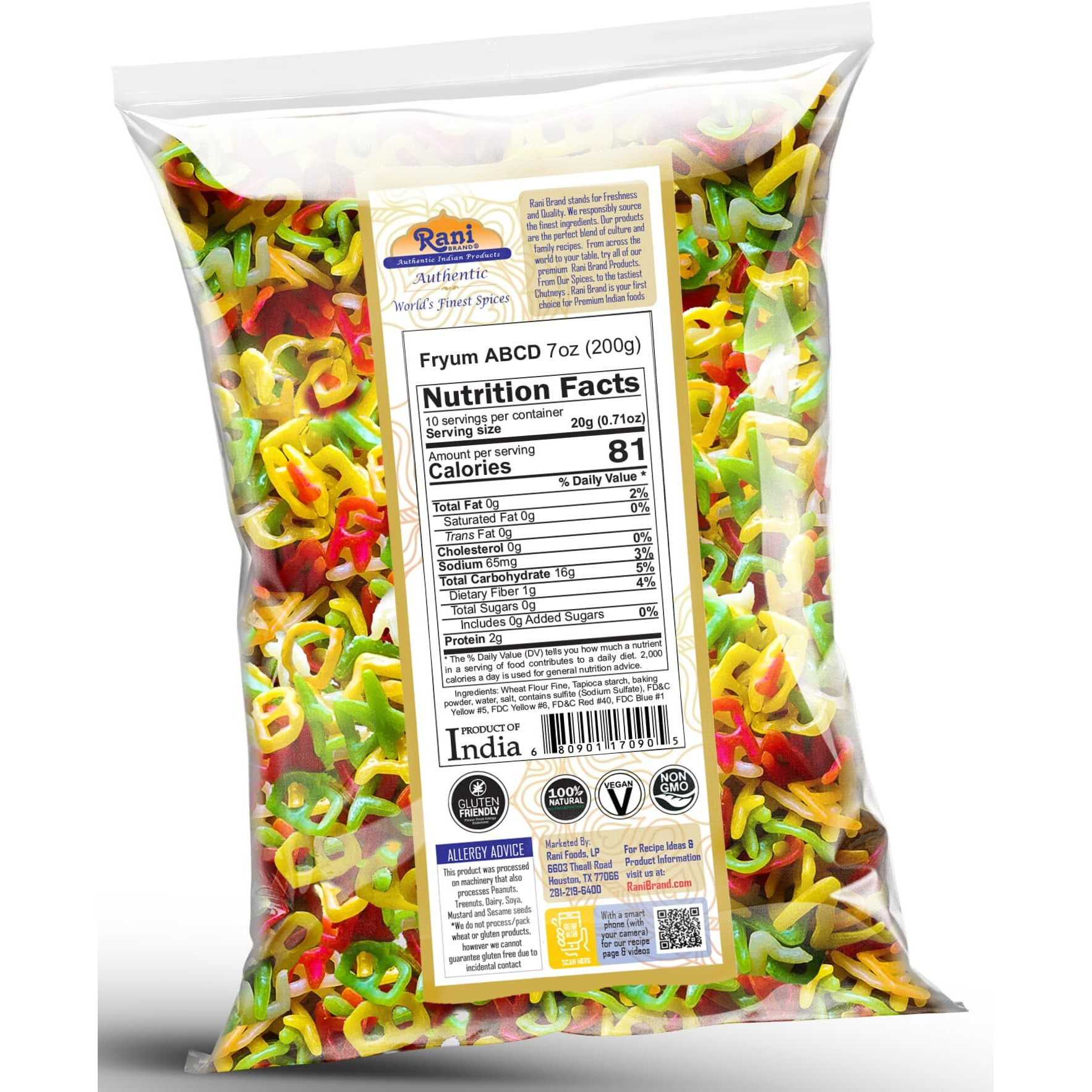 Rani Far Far/Fryums (Wheat & Tapioca Pellet) ABCD Shape 7oz (200g) ~ Vegan, Kosher, Uncooked, Used to Make Papad, Bhungra/Chip Snack