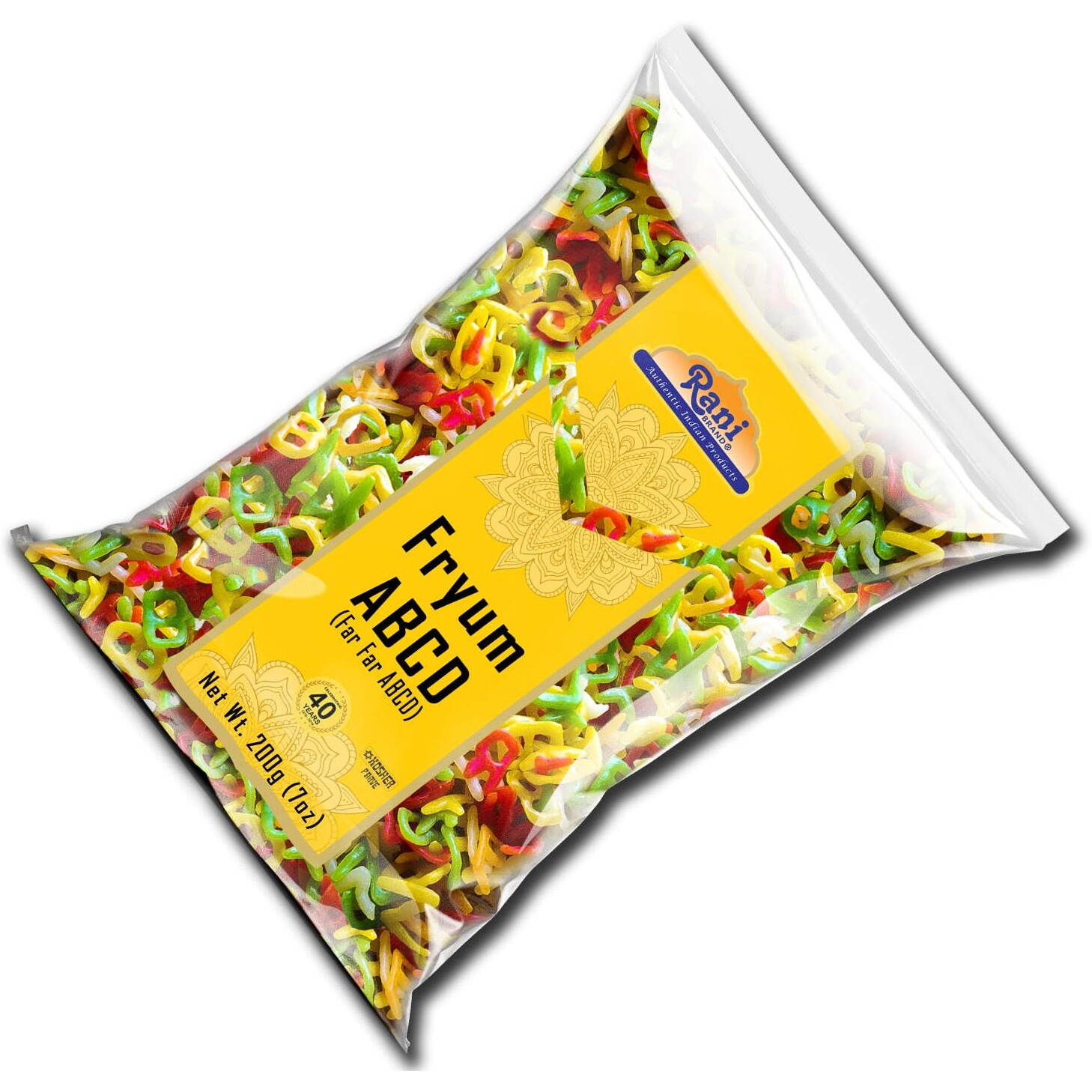Rani Far Far/Fryums (Wheat & Tapioca Pellet) ABCD Shape 7oz (200g) ~ Vegan, Kosher, Uncooked, Used to Make Papad, Bhungra/Chip Snack