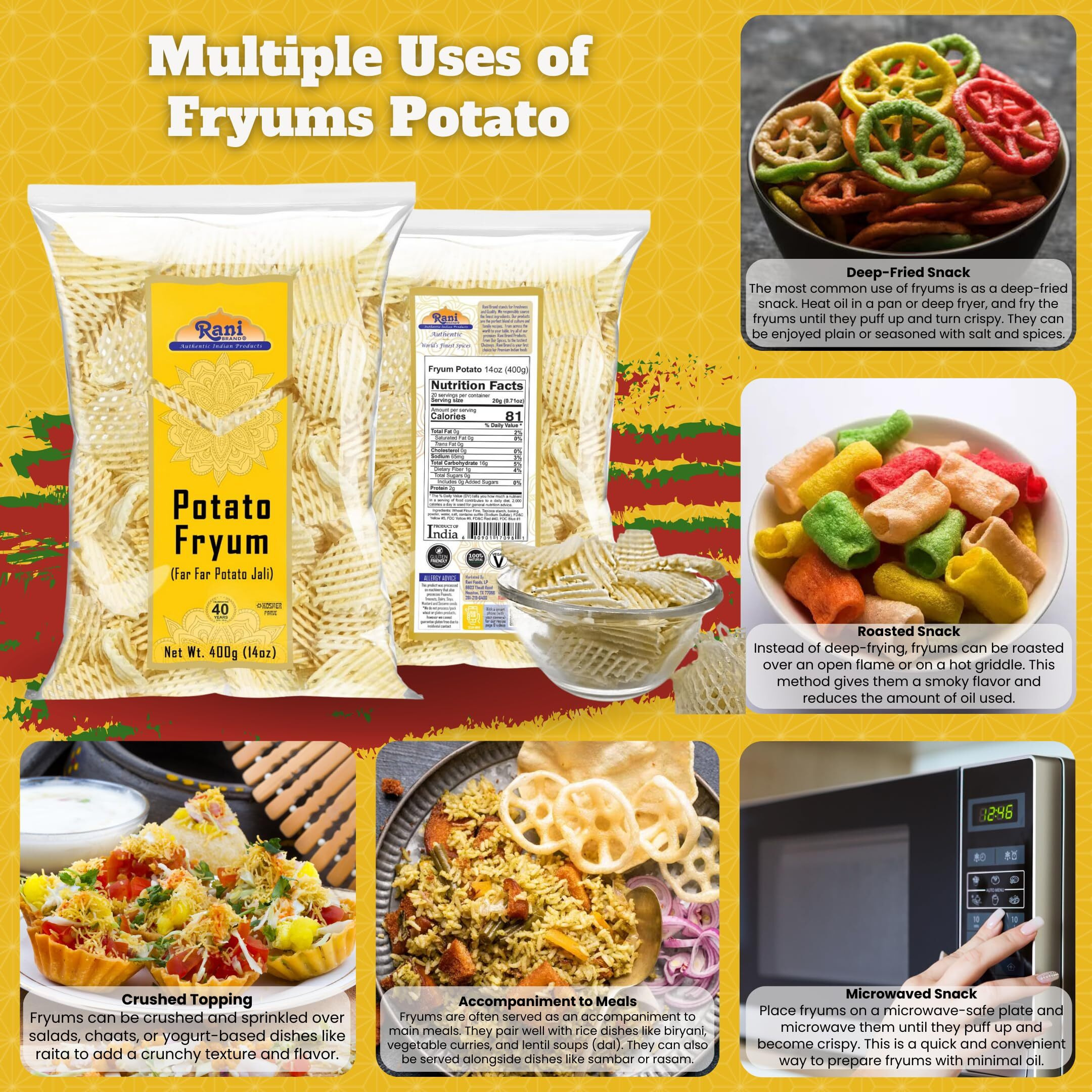 Rani Far Far/Fryums (Wheat & Tapioca Pellet) Potato Jhali 14oz (400g) ~ Vegan, Kosher, Uncooked, Used to Make Papad, Bhungra/Chip Snack