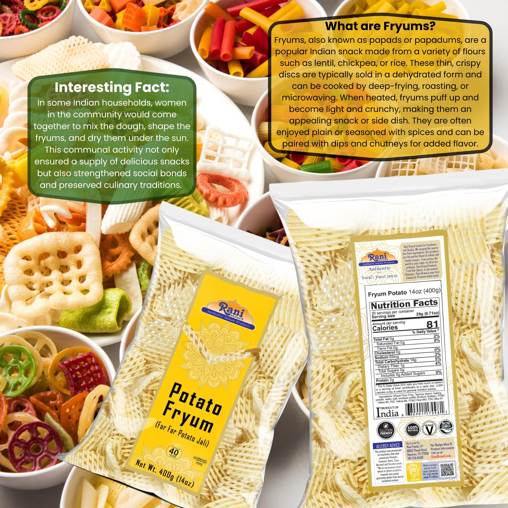 Rani Far Far/Fryums (Wheat & Tapioca Pellet) Potato Jhali 14oz (400g) ~ Vegan, Kosher, Uncooked, Used to Make Papad, Bhungra/Chip Snack