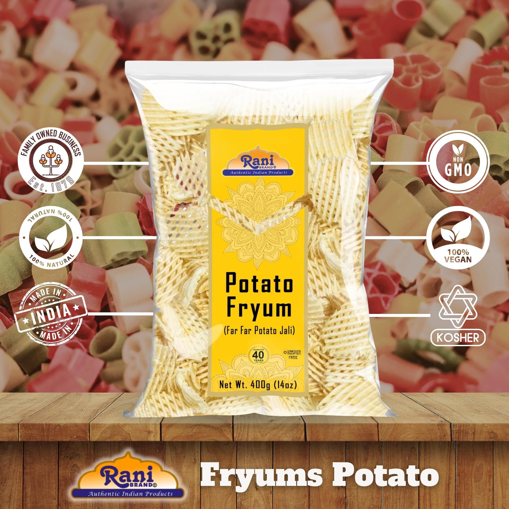 Rani Far Far/Fryums (Wheat & Tapioca Pellet) Potato Jhali 14oz (400g) ~ Vegan, Kosher, Uncooked, Used to Make Papad, Bhungra/Chip Snack
