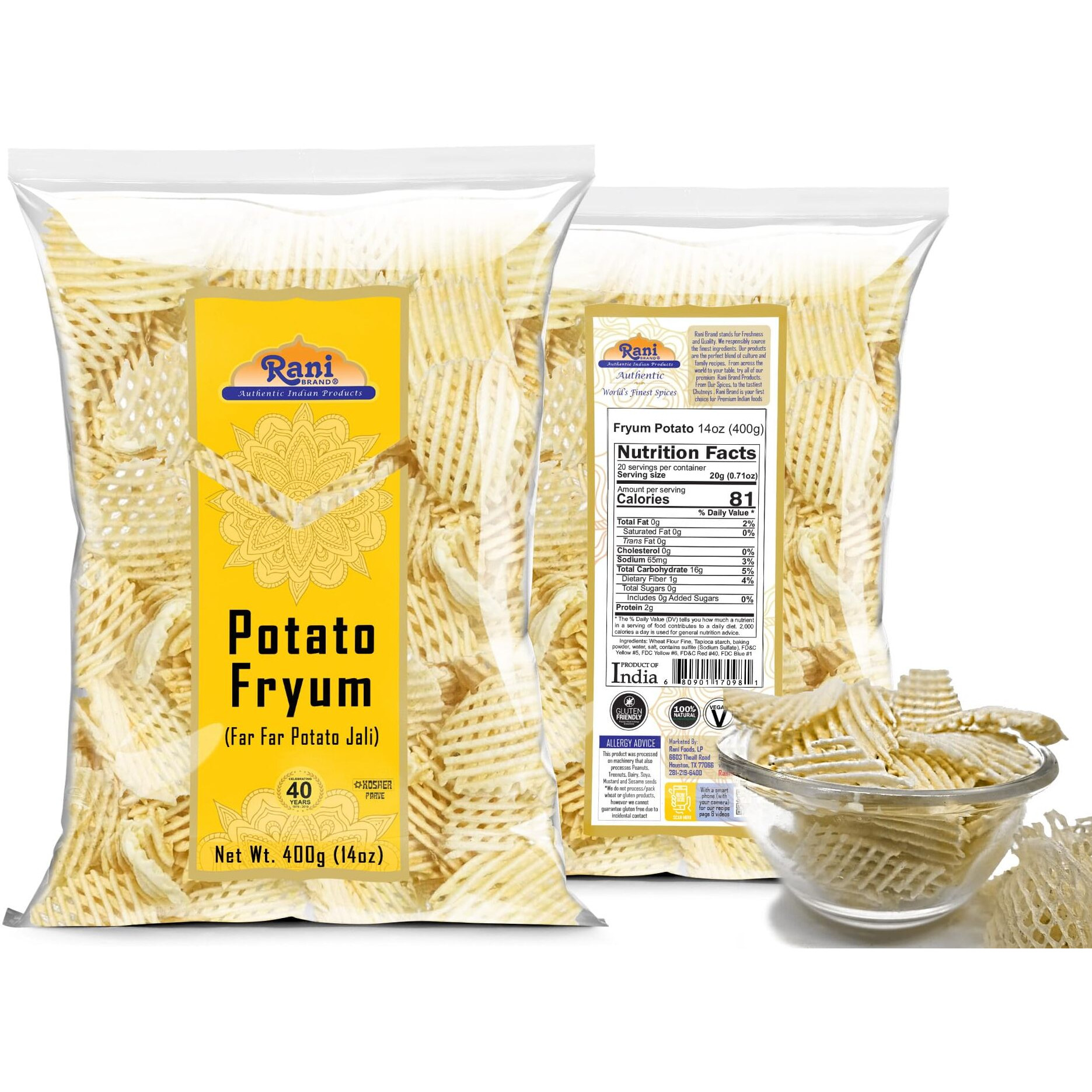 Rani Far Far/Fryums (Wheat & Tapioca Pellet) Potato Jhali 14oz (400g) ~ Vegan, Kosher, Uncooked, Used to Make Papad, Bhungra/Chip Snack
