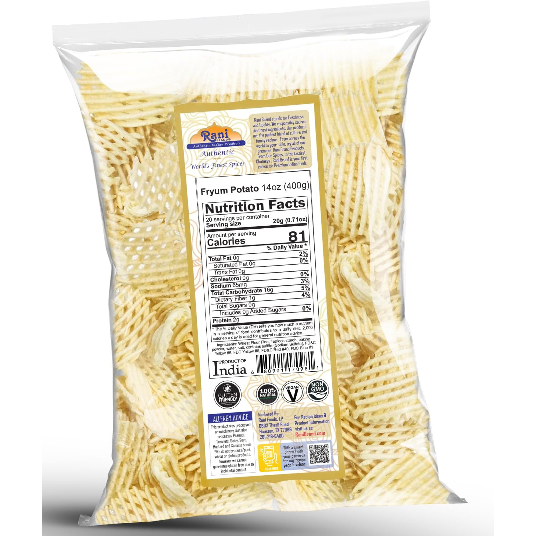 Rani Far Far/Fryums (Wheat & Tapioca Pellet) Potato Jhali 14oz (400g) ~ Vegan, Kosher, Uncooked, Used to Make Papad, Bhungra/Chip Snack