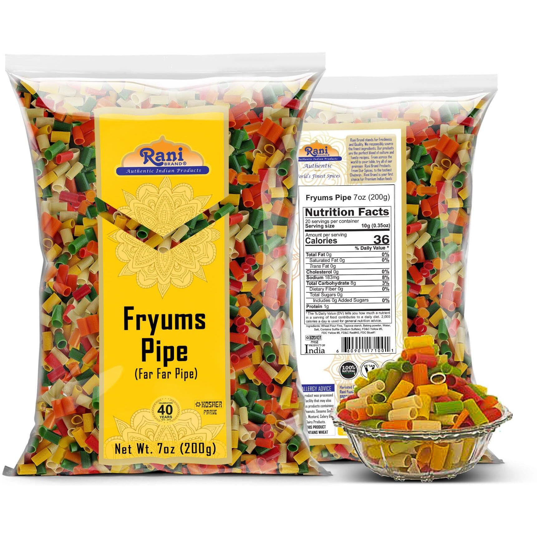 Rani Far Far/Fryums (Wheat & Tapioca Pellet) Round/Pipe Shape 7oz (200g) ~ Vegan, Kosher, Uncooked, Used to Make Papad, Bhungra/Chip Snack