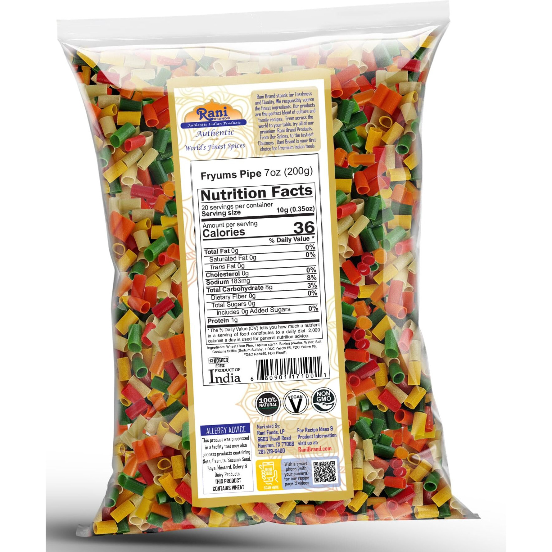 Rani Far Far/Fryums (Wheat & Tapioca Pellet) Round/Pipe Shape 7oz (200g) ~ Vegan, Kosher, Uncooked, Used to Make Papad, Bhungra/Chip Snack