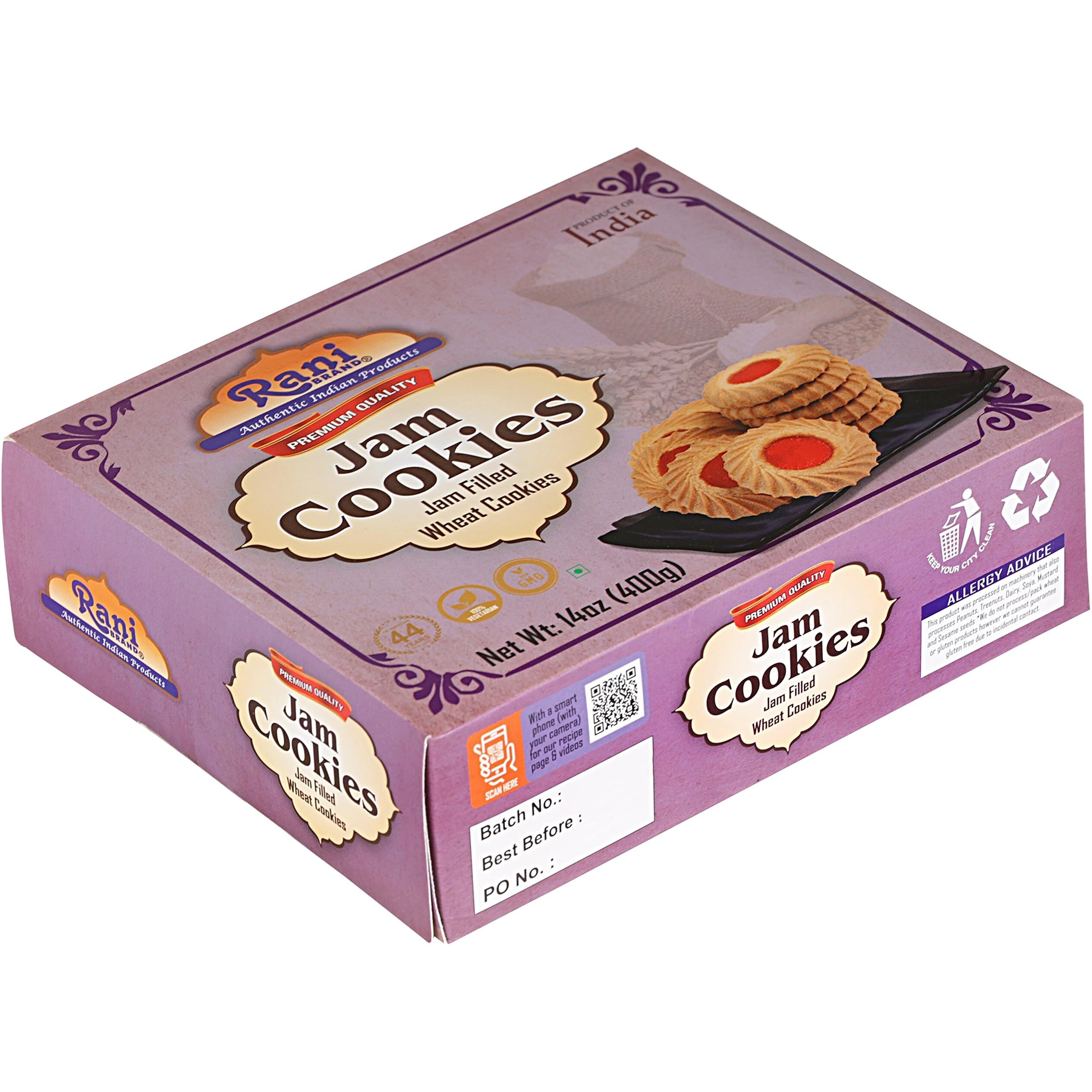 Rani Jam Cookies (Jam Filled Wheat Cookies) 14oz (400g) Pack of 3+1 FREE, Premium Quality Indian Cookies ~ Vegan, Non-GMO, Indian Origin