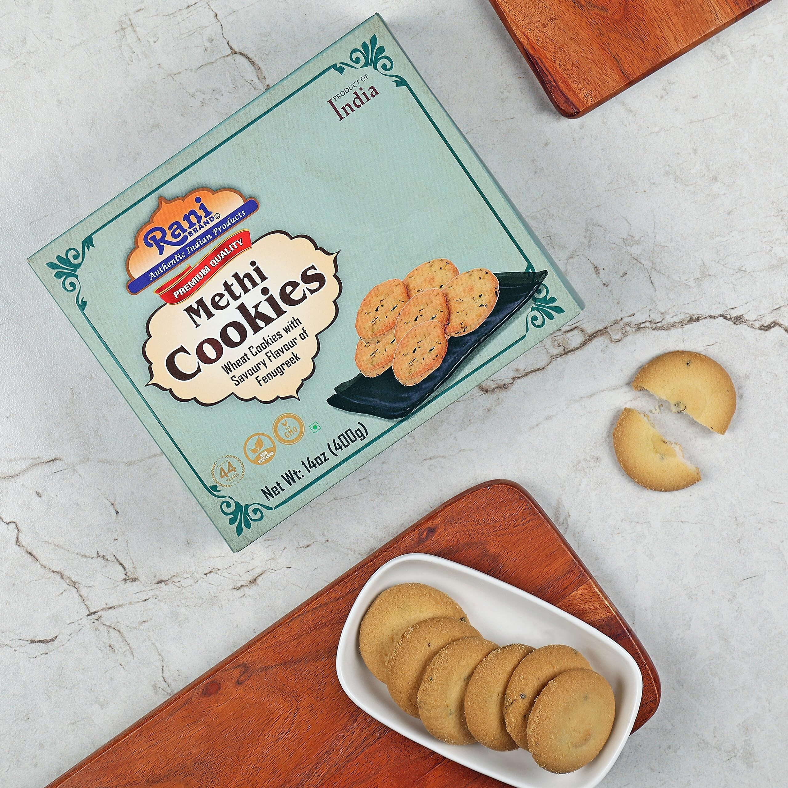 Rani Methi Cookies (Wheat Cookies with Savoury Flavour of Fenugreek) 14oz (400g) Pack of 3+1 FREE, Premium Quality Indian Cookies ~ All Natural, Vegan, Non-GMO, Indian Origin