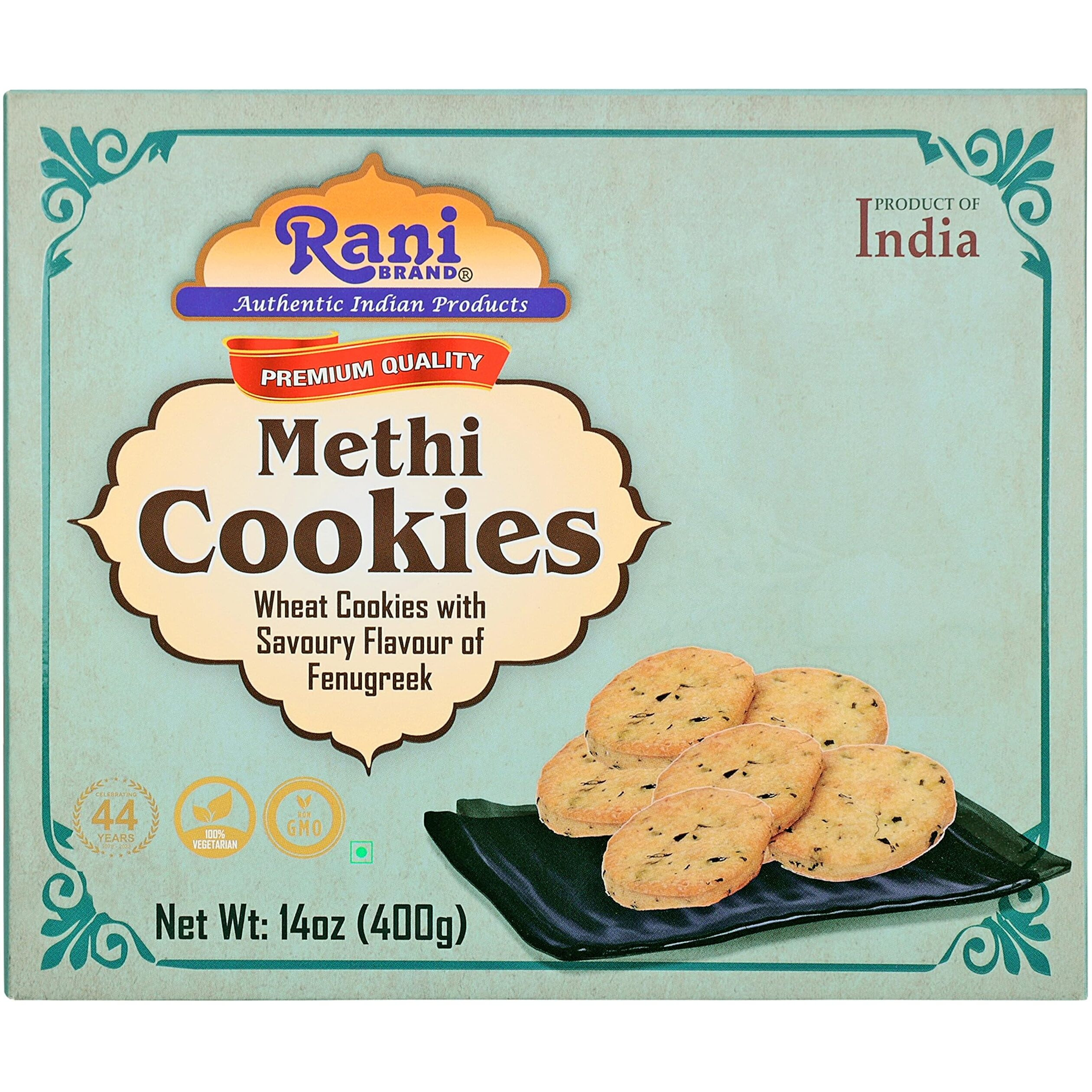 Rani Methi Cookies (Wheat Cookies with Savoury Flavour of Fenugreek) 14oz (400g) Pack of 3+1 FREE, Premium Quality Indian Cookies ~ All Natural, Vegan, Non-GMO, Indian Origin