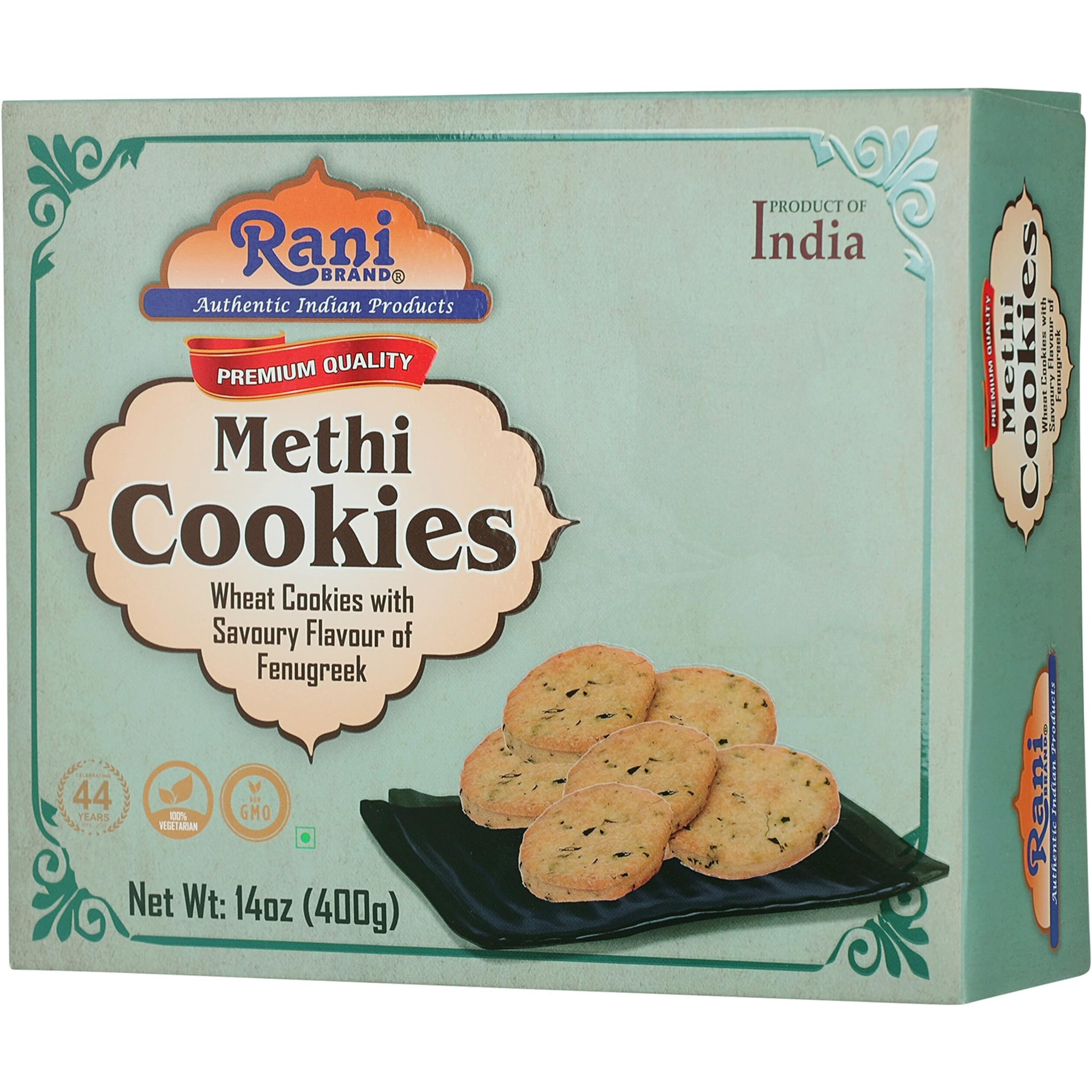 Rani Methi Cookies (Wheat Cookies with Savoury Flavour of Fenugreek) 14oz (400g) Pack of 3+1 FREE, Premium Quality Indian Cookies ~ All Natural, Vegan, Non-GMO, Indian Origin
