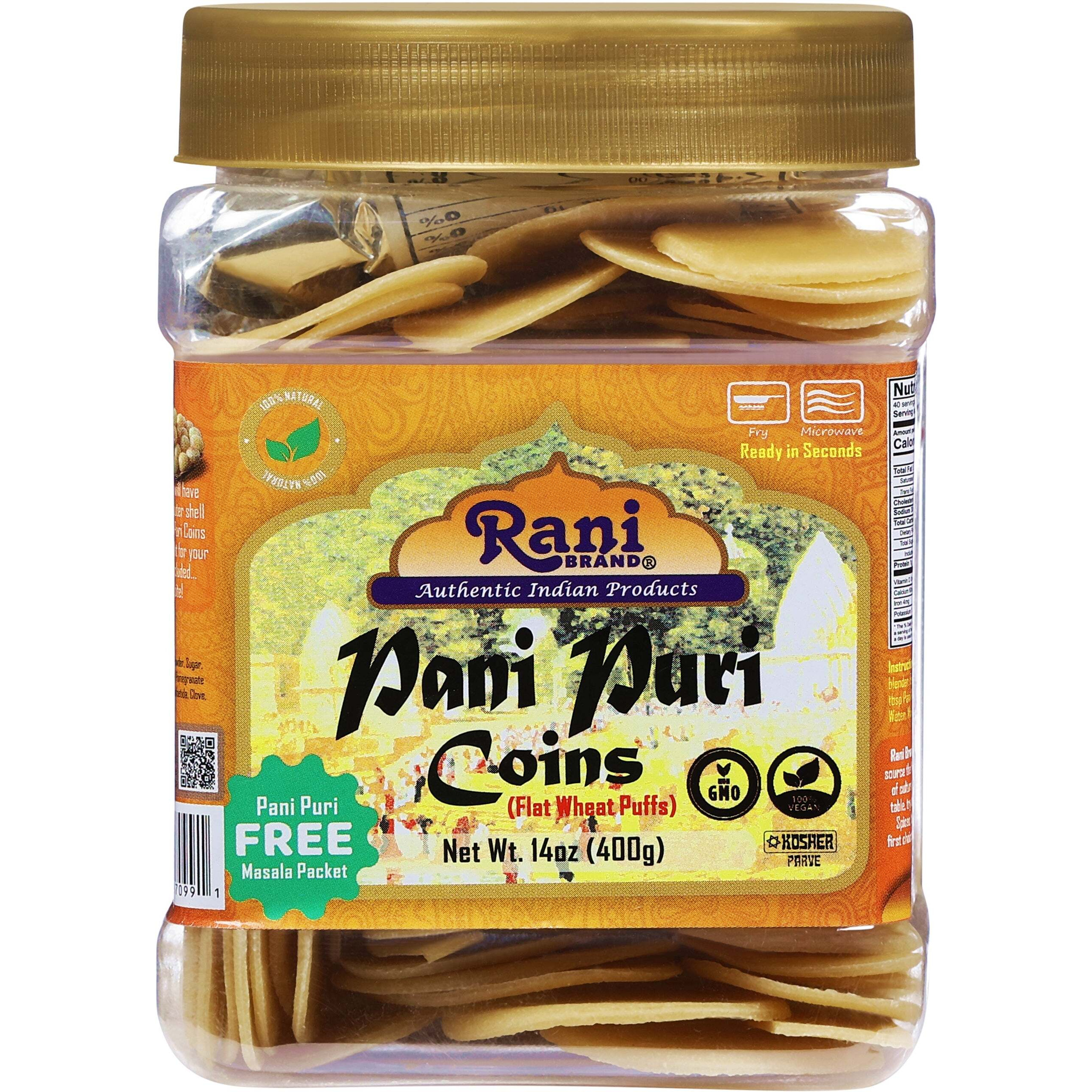 Rani Pani Puri Coins (Uncooked, Microwaveable Wheat Semolina Coins) 14oz (400g) w/Pani Puri Masala (14-Spice Blend for Indian Spicy Water) 1.75oz (50g) ~ All Natural, Vegan, NON-GMO, Kosher