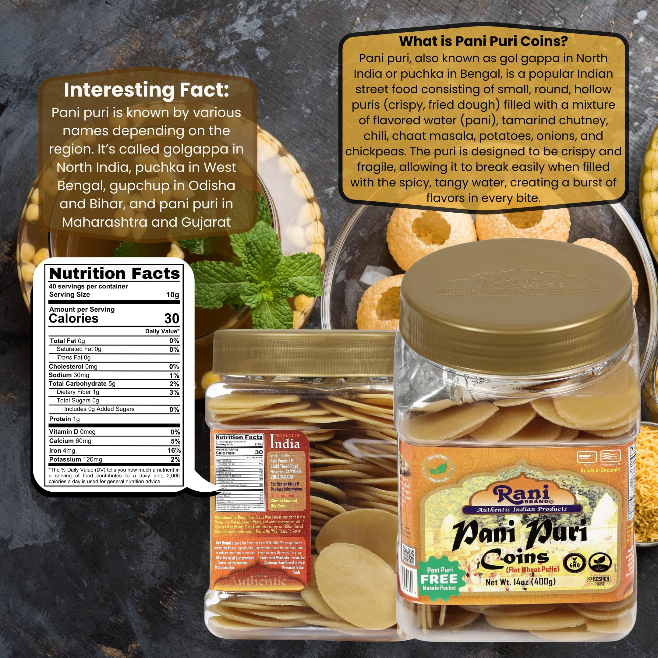 Rani Pani Puri Coins (Uncooked, Microwaveable Wheat Semolina Coins) 14oz (400g) w/Pani Puri Masala (14-Spice Blend for Indian Spicy Water) 1.75oz (50g) ~ All Natural, Vegan, NON-GMO, Kosher