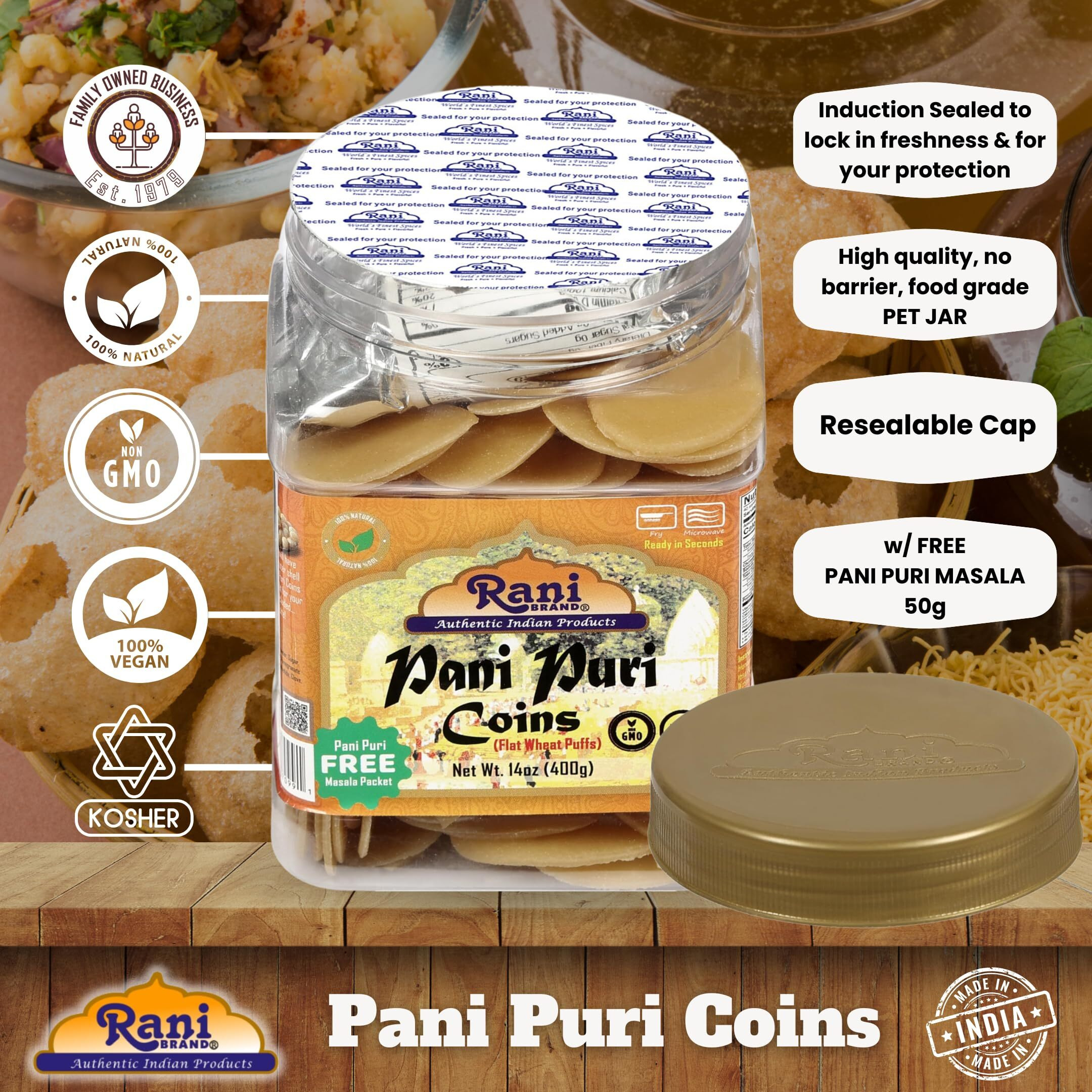 Rani Pani Puri Coins (Uncooked, Microwaveable Wheat Semolina Coins) 14oz (400g) w/Pani Puri Masala (14-Spice Blend for Indian Spicy Water) 1.75oz (50g) ~ All Natural, Vegan, NON-GMO, Kosher