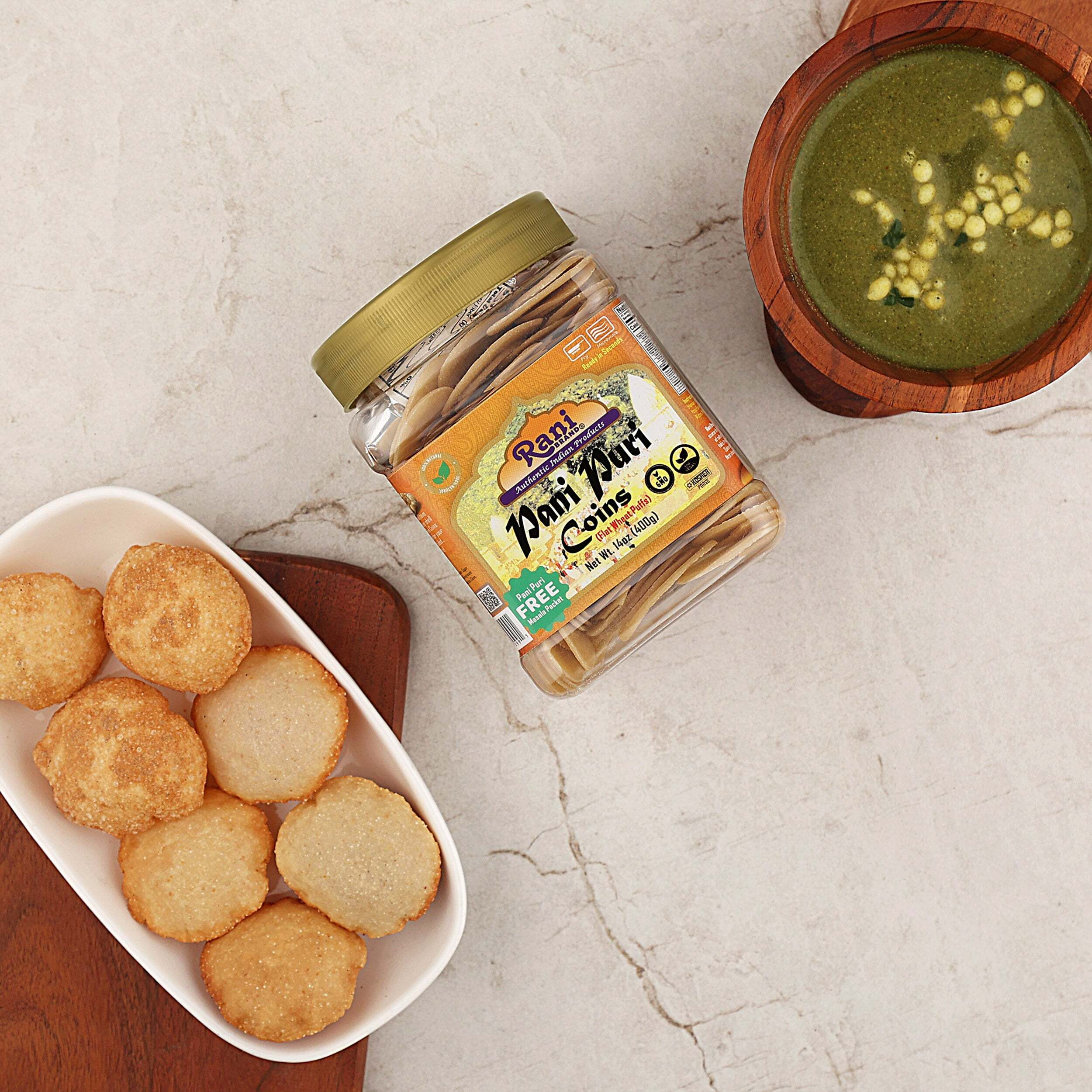 Rani Pani Puri Coins (Uncooked, Microwaveable Wheat Semolina Coins) 14oz (400g) w/Pani Puri Masala (14-Spice Blend for Indian Spicy Water) 1.75oz (50g) ~ All Natural, Vegan, NON-GMO, Kosher