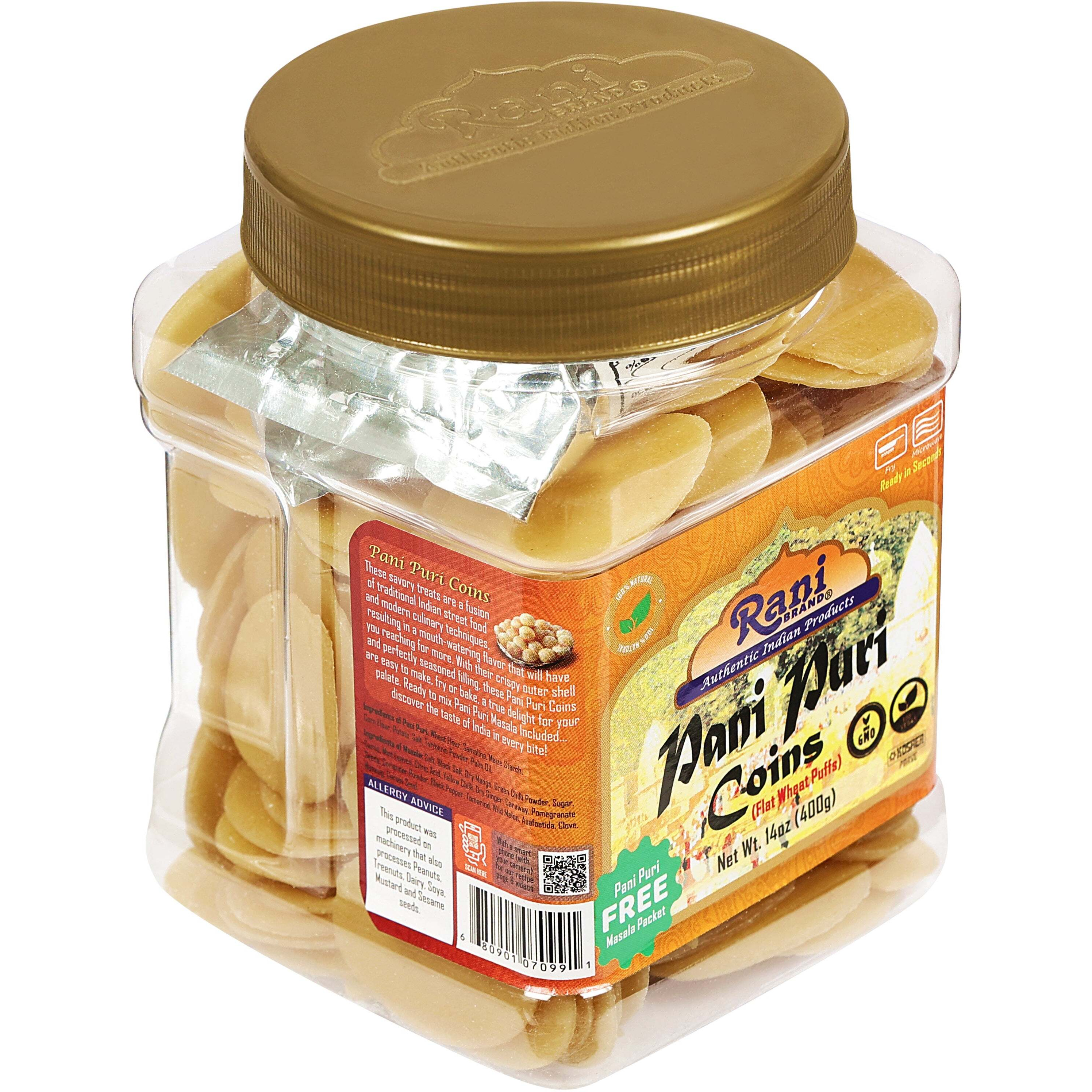 Rani Pani Puri Coins (Uncooked, Microwaveable Wheat Semolina Coins) 14oz (400g) w/Pani Puri Masala (14-Spice Blend for Indian Spicy Water) 1.75oz (50g) ~ All Natural, Vegan, NON-GMO, Kosher