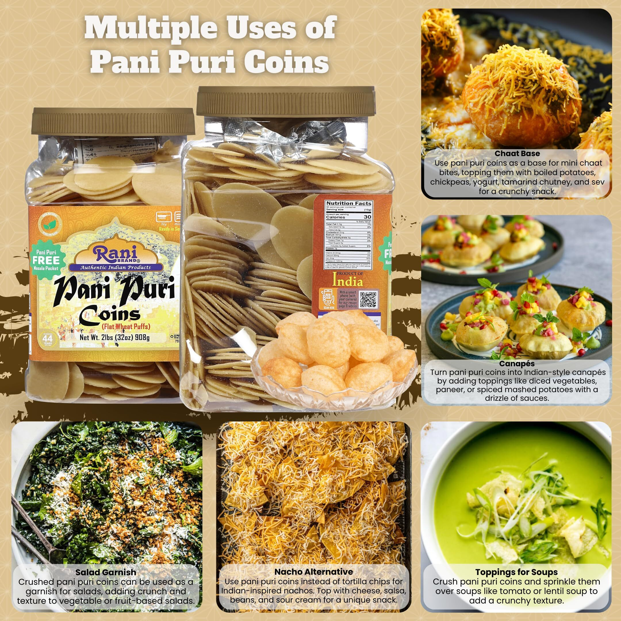 Rani Pani Puri Coins (Uncooked, Microwaveable Wheat Semolina Coins) 32oz (2lbs) 908g w/Pani Puri Masala (14-Spice Blend for Indian Spicy Water) 1.75oz (50g) ~ All Natural, Vegan, NON-GMO, Kosher