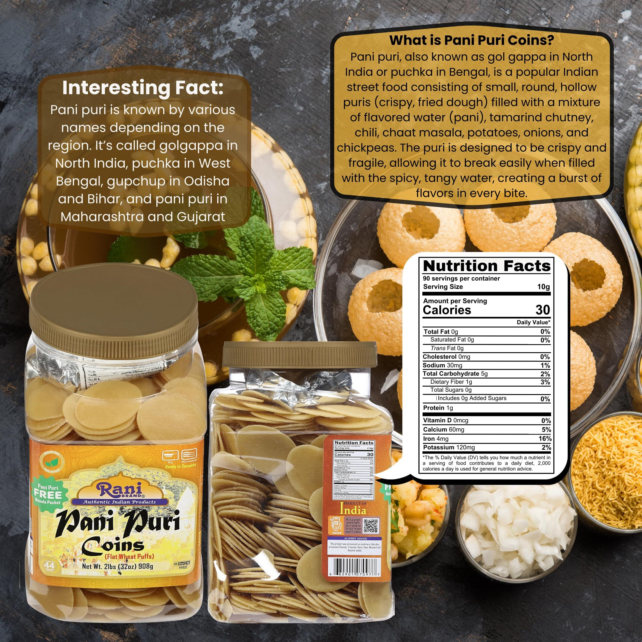 Rani Pani Puri Coins (Uncooked, Microwaveable Wheat Semolina Coins) 32oz (2lbs) 908g w/Pani Puri Masala (14-Spice Blend for Indian Spicy Water) 1.75oz (50g) ~ All Natural, Vegan, NON-GMO, Kosher