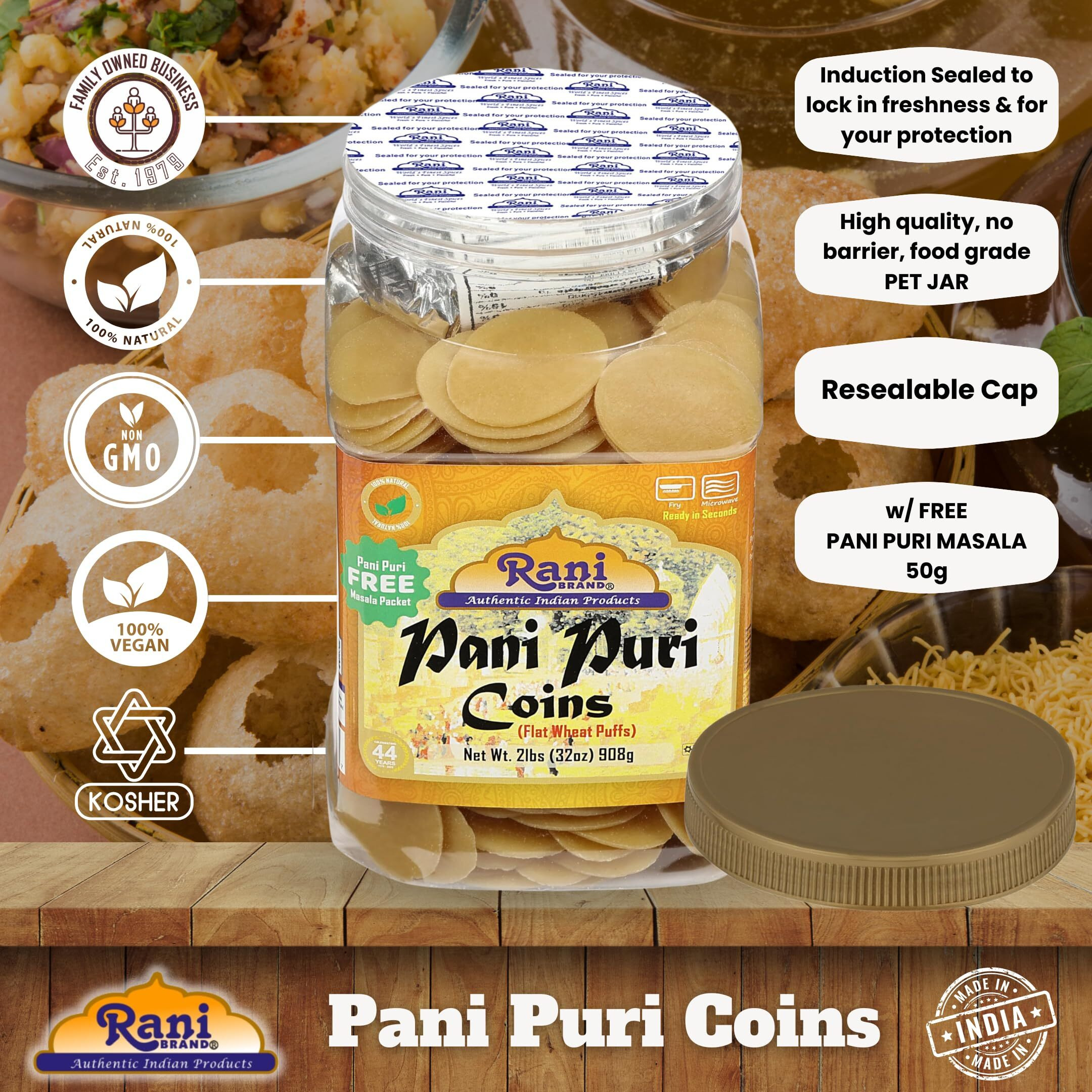 Rani Pani Puri Coins (Uncooked, Microwaveable Wheat Semolina Coins) 32oz (2lbs) 908g w/Pani Puri Masala (14-Spice Blend for Indian Spicy Water) 1.75oz (50g) ~ All Natural, Vegan, NON-GMO, Kosher