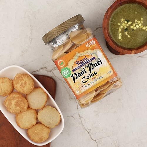 Rani Pani Puri Coins (Uncooked, Microwaveable Wheat Semolina Coins) 32oz (2lbs) 908g w/Pani Puri Masala (14-Spice Blend for Indian Spicy Water) 1.75oz (50g) ~ All Natural, Vegan, NON-GMO, Kosher