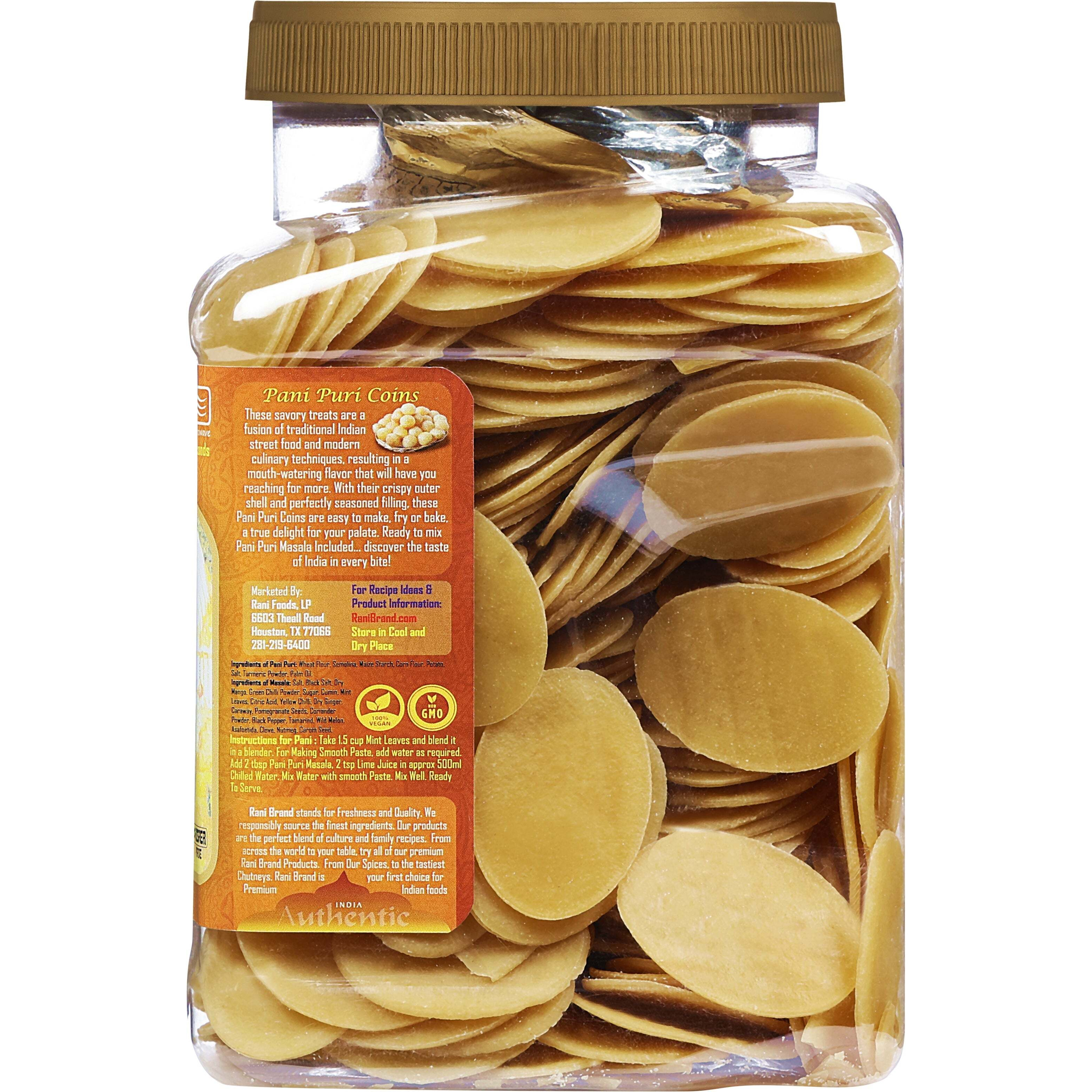 Rani Pani Puri Coins (Uncooked, Microwaveable Wheat Semolina Coins) 32oz (2lbs) 908g w/Pani Puri Masala (14-Spice Blend for Indian Spicy Water) 1.75oz (50g) ~ All Natural, Vegan, NON-GMO, Kosher
