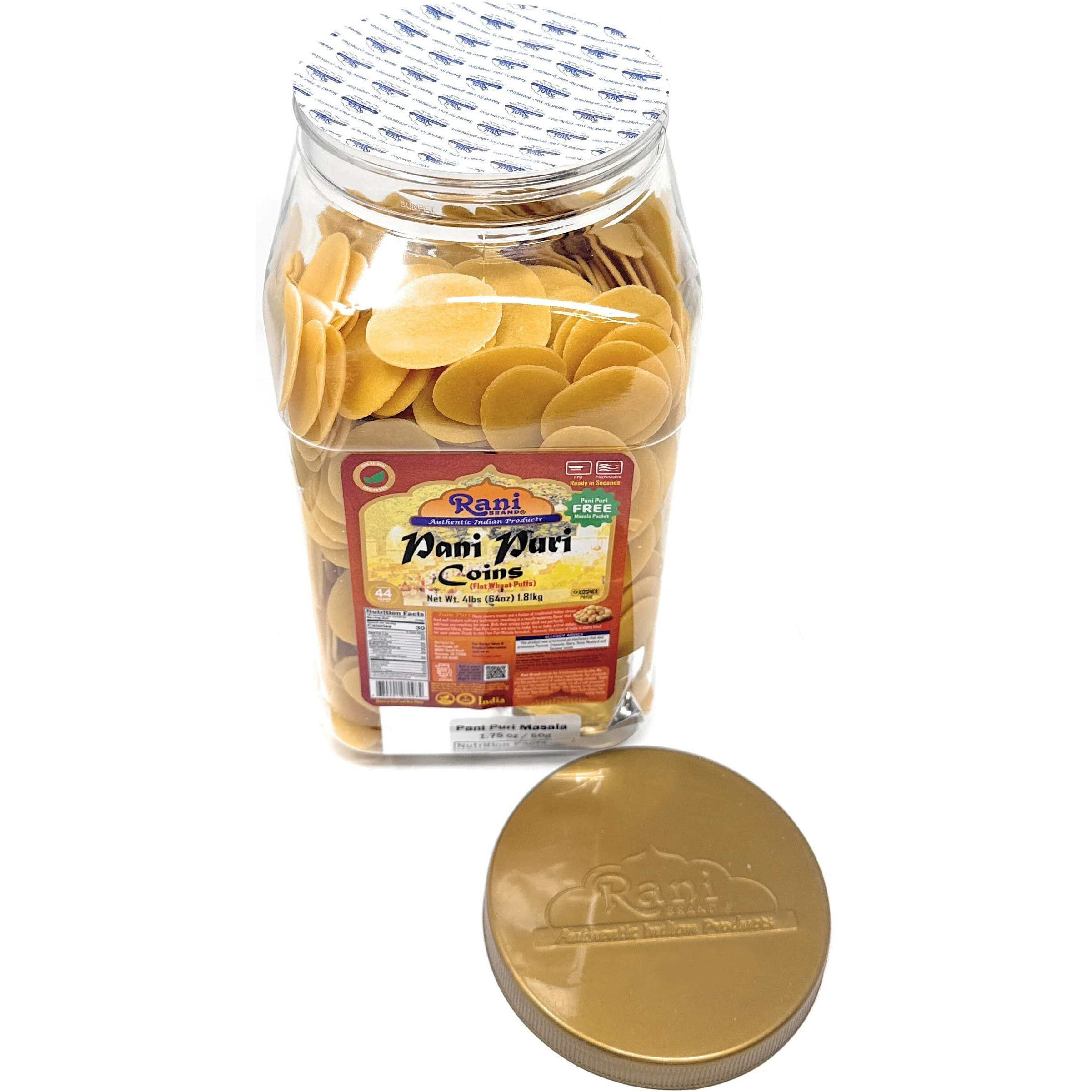 Rani Pani Puri Coins (Uncooked, Microwaveable Wheat Semolina Coins) 64oz (4lbs) w/Pani Puri Masala (14-Spice Blend for Indian Spicy Water) 1.75oz (50g) ~ All Natural, Vegan, NON-GMO, Kosher