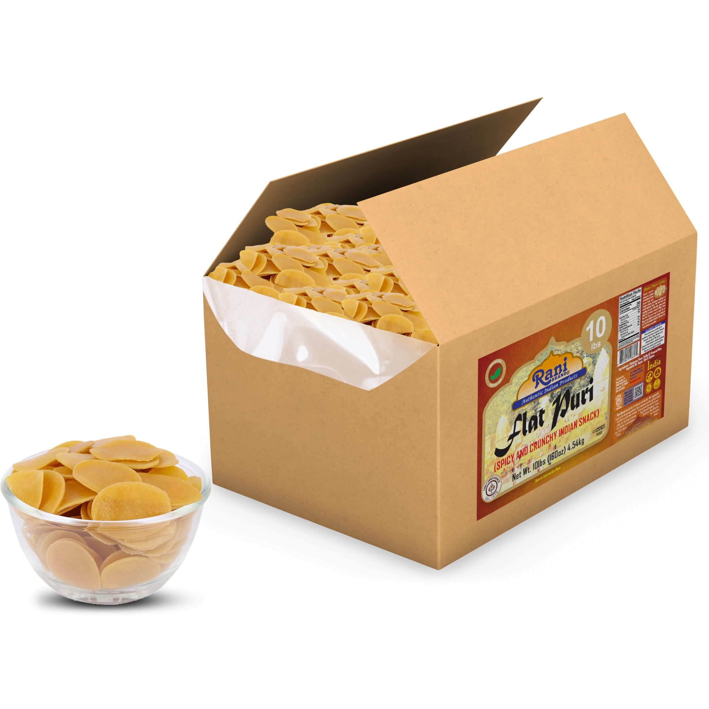 Rani Pani Puri Coins 160oz (10lbs) 4.54kg 1650-1660 Coins Bulk Box ~ Uncooked, Microwaveable wheat and Semolina Coins ~ All Natural, Vegan, NON-GMO, Kosher, Indian Origin