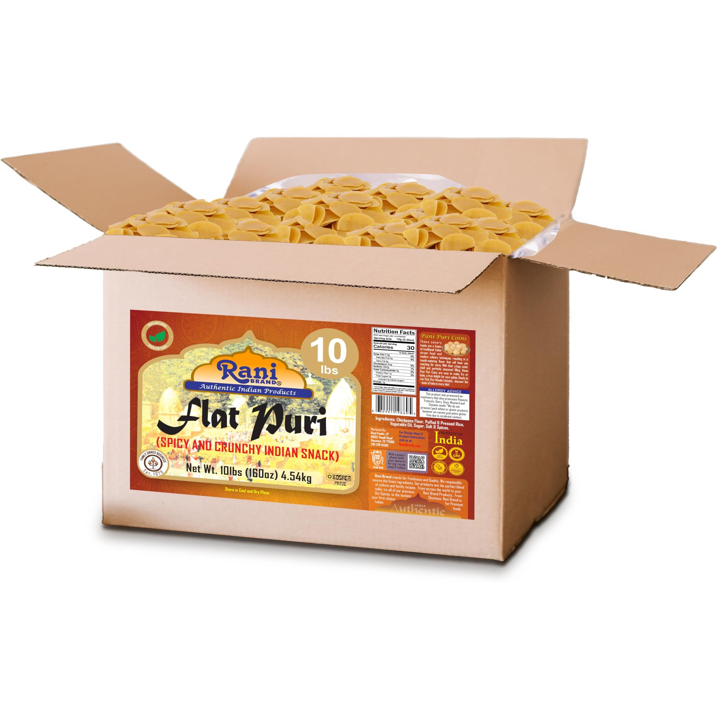 Rani Pani Puri Coins 160oz (10lbs) 4.54kg 1650-1660 Coins Bulk Box ~ Uncooked, Microwaveable wheat and Semolina Coins ~ All Natural, Vegan, NON-GMO, Kosher, Indian Origin