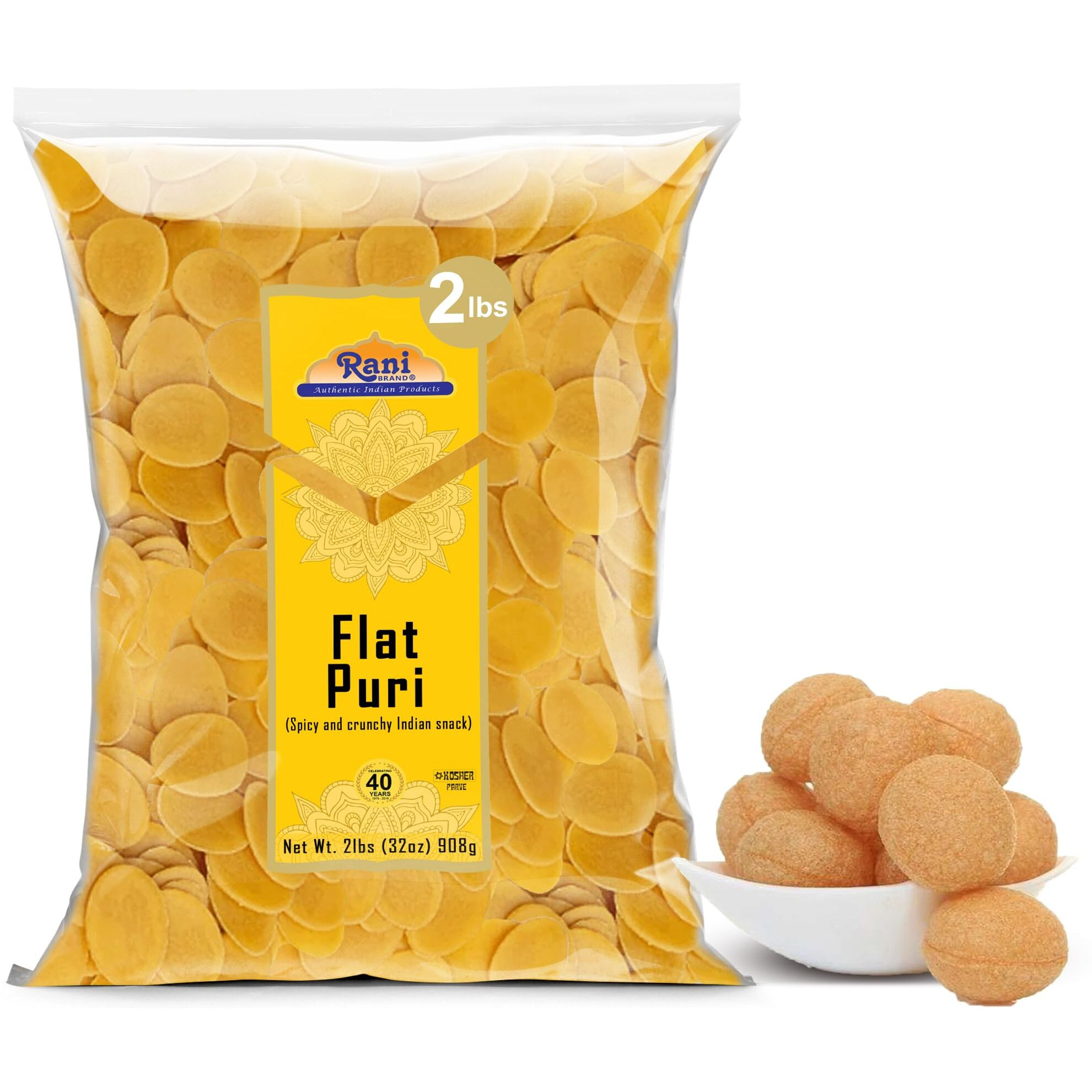 Rani Pani Puri Coins 32oz (2lbs) 907g, Bulk Pack 330-335 Coins ~ Uncooked, Microwaveable wheat and Semolina Coins ~ All Natural, Vegan, NON-GMO