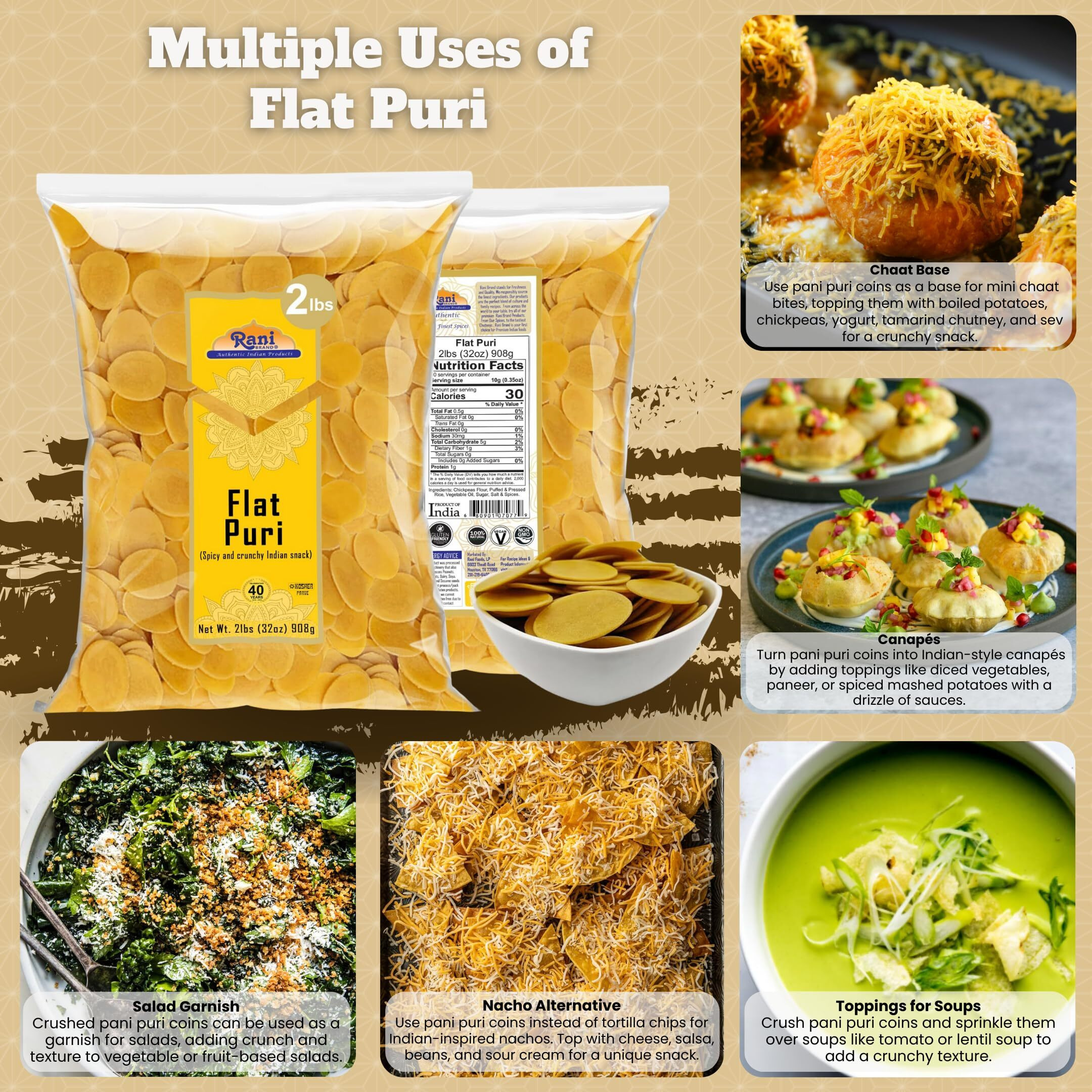 Rani Pani Puri Coins 32oz (2lbs) 907g, Bulk Pack 330-335 Coins ~ Uncooked, Microwaveable wheat and Semolina Coins ~ All Natural, Vegan, NON-GMO