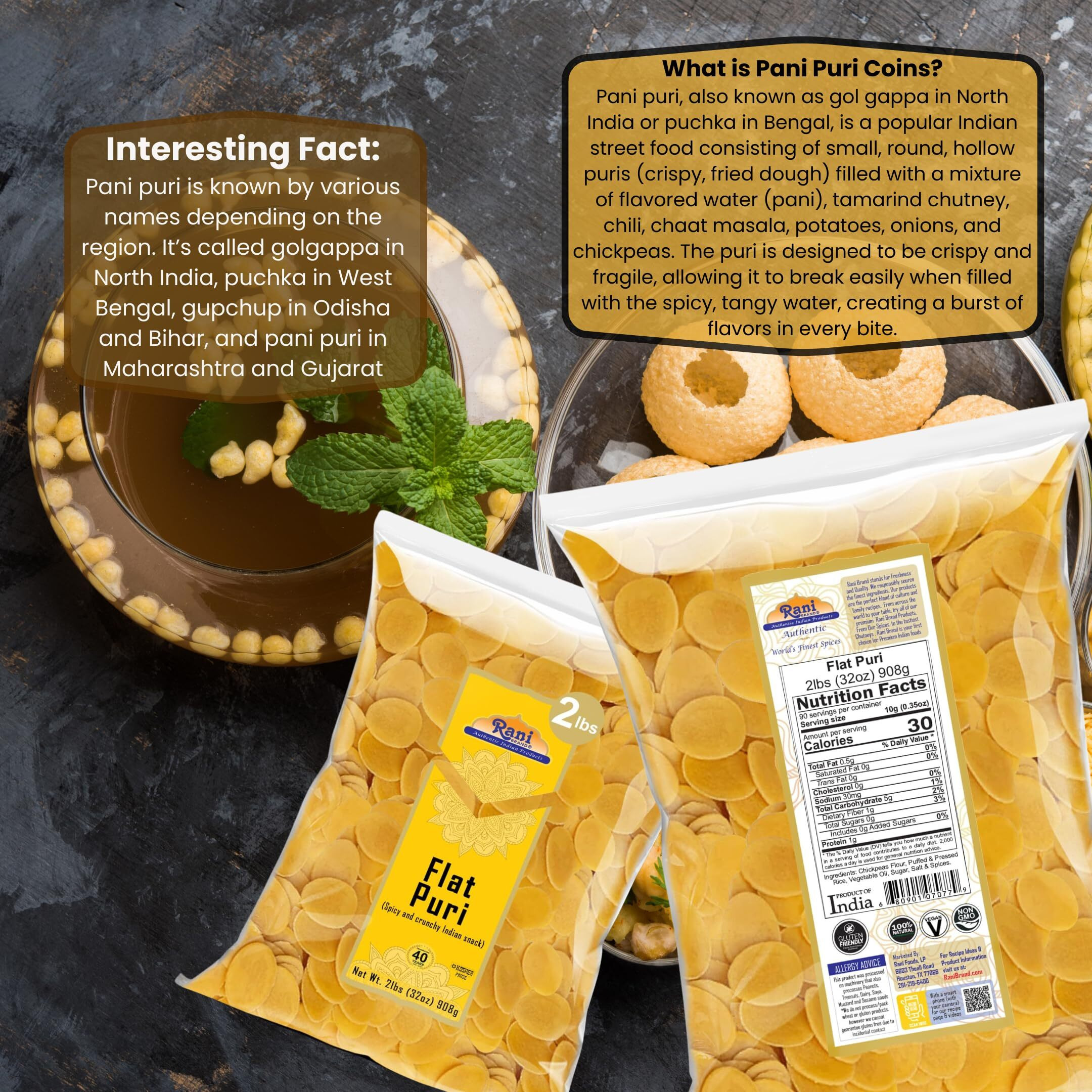 Rani Pani Puri Coins 32oz (2lbs) 907g, Bulk Pack 330-335 Coins ~ Uncooked, Microwaveable wheat and Semolina Coins ~ All Natural, Vegan, NON-GMO