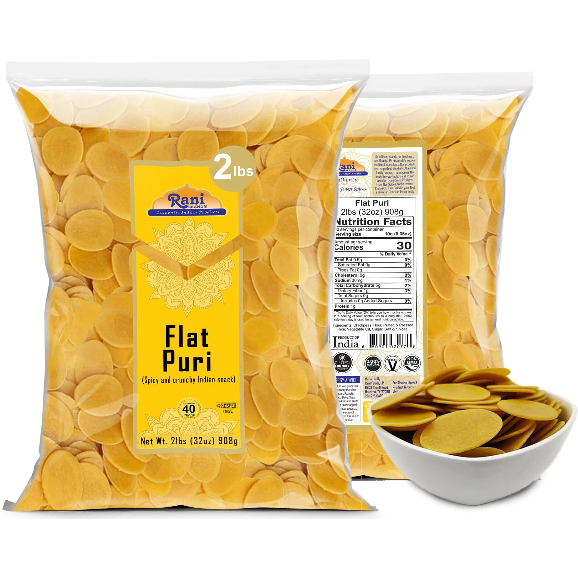 Rani Pani Puri Coins 32oz (2lbs) 907g, Bulk Pack 330-335 Coins ~ Uncooked, Microwaveable wheat and Semolina Coins ~ All Natural, Vegan, NON-GMO