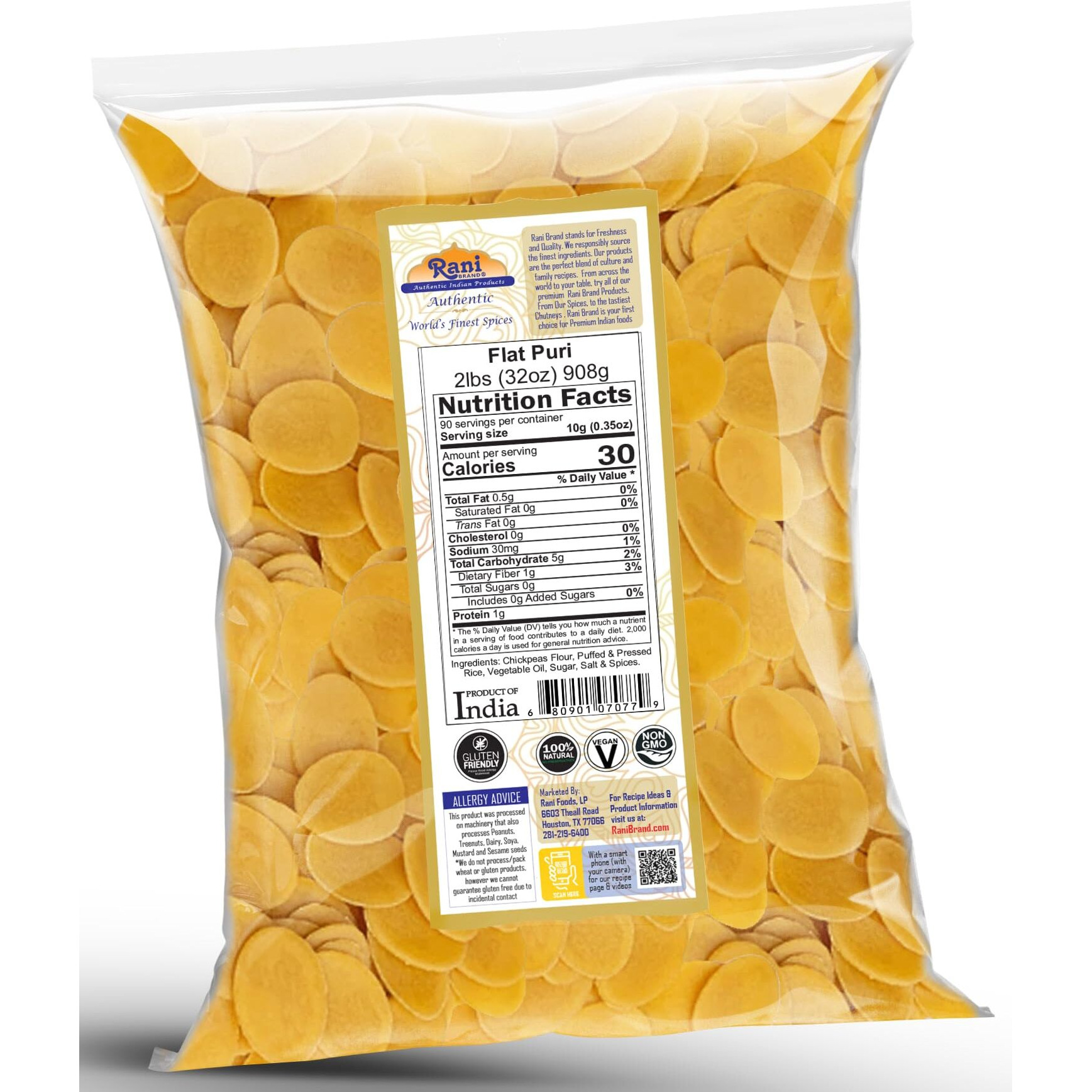 Rani Pani Puri Coins 32oz (2lbs) 907g, Bulk Pack 330-335 Coins ~ Uncooked, Microwaveable wheat and Semolina Coins ~ All Natural, Vegan, NON-GMO