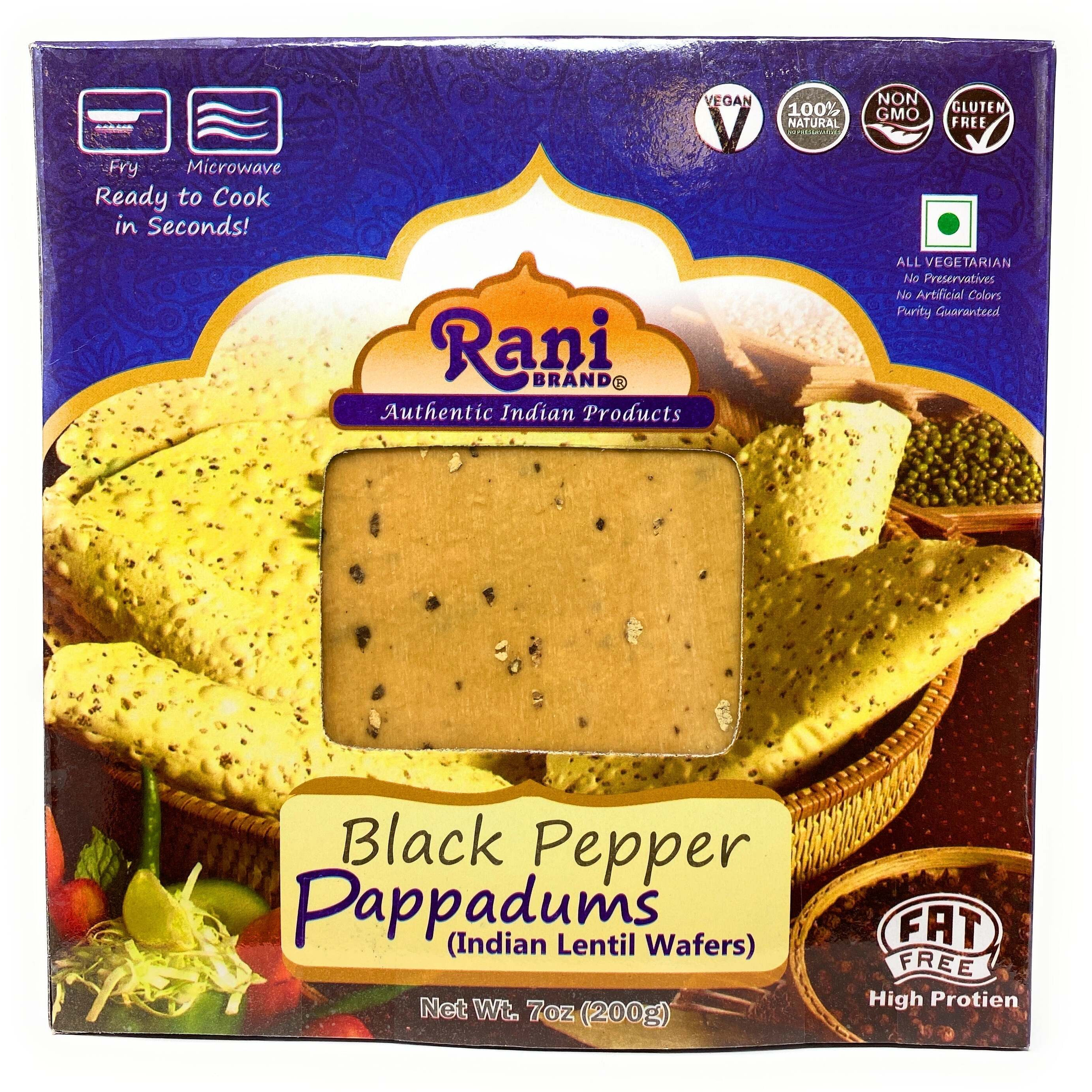 Rani Pappadums (Indian Lentil Wafer Snack) Black Pepper Papad 7oz (200g) Approximately 15pc, 7 inches, Pack of 12 ~ All Natural, Gluten Friendly, NON-GMO, Vegan, Indian Origin